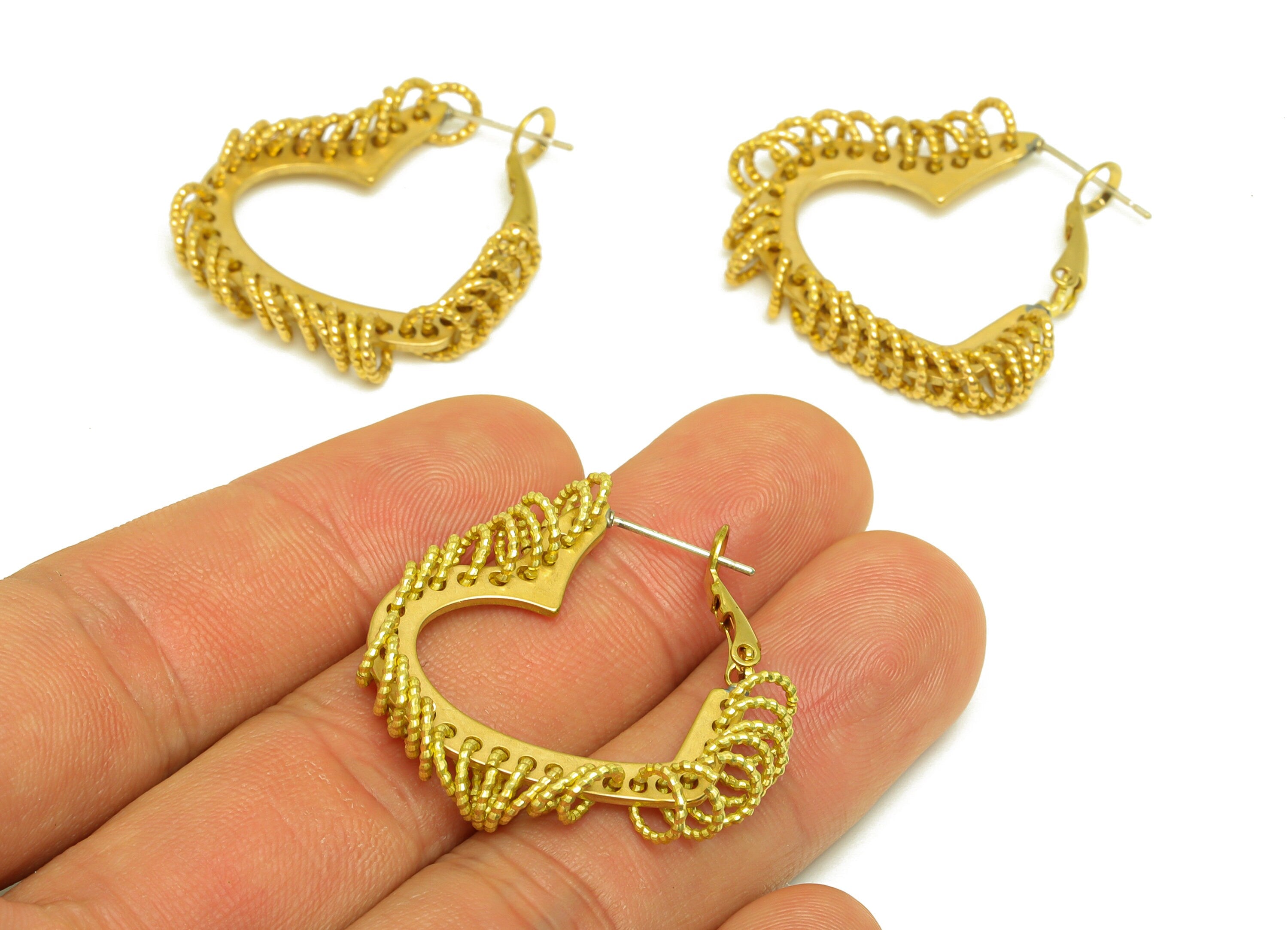 Brass Hoop Earring - Raw Brass Heart Clasp Back Earring - Brass Textured Hoop Clasp Earring - Jump Ring Clasp Earring - 32x29x2mm - PP10565 - DOMEDBAZAAR