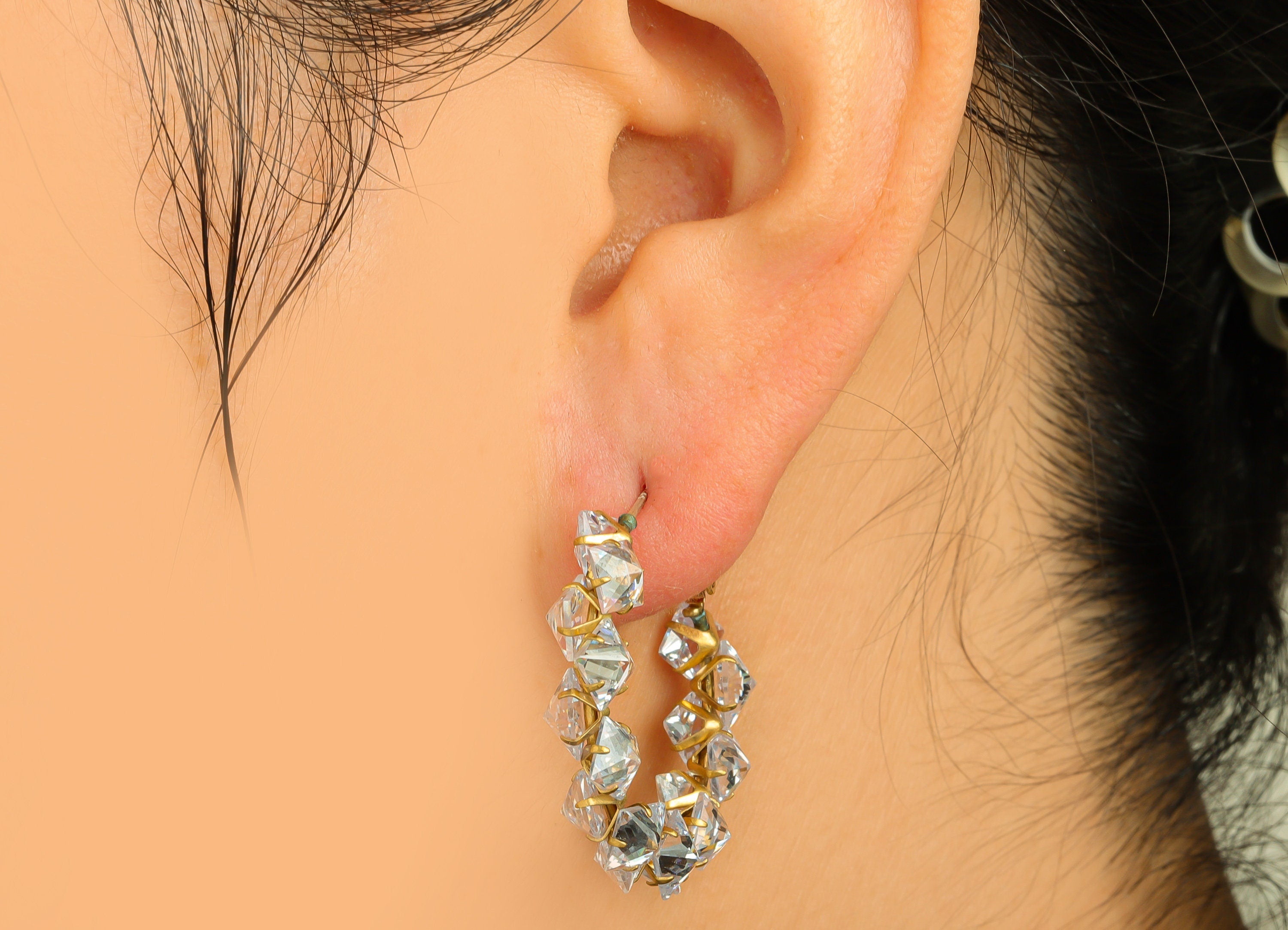 Brass CZ Hoop Earring - Raw Brass Clasp Faceted Zircon Earring - Brass Hoop Clasp Earring - Cubic Zircon Clasp - 34x31x4.3mm - PP10564 - DOMEDBAZAAR