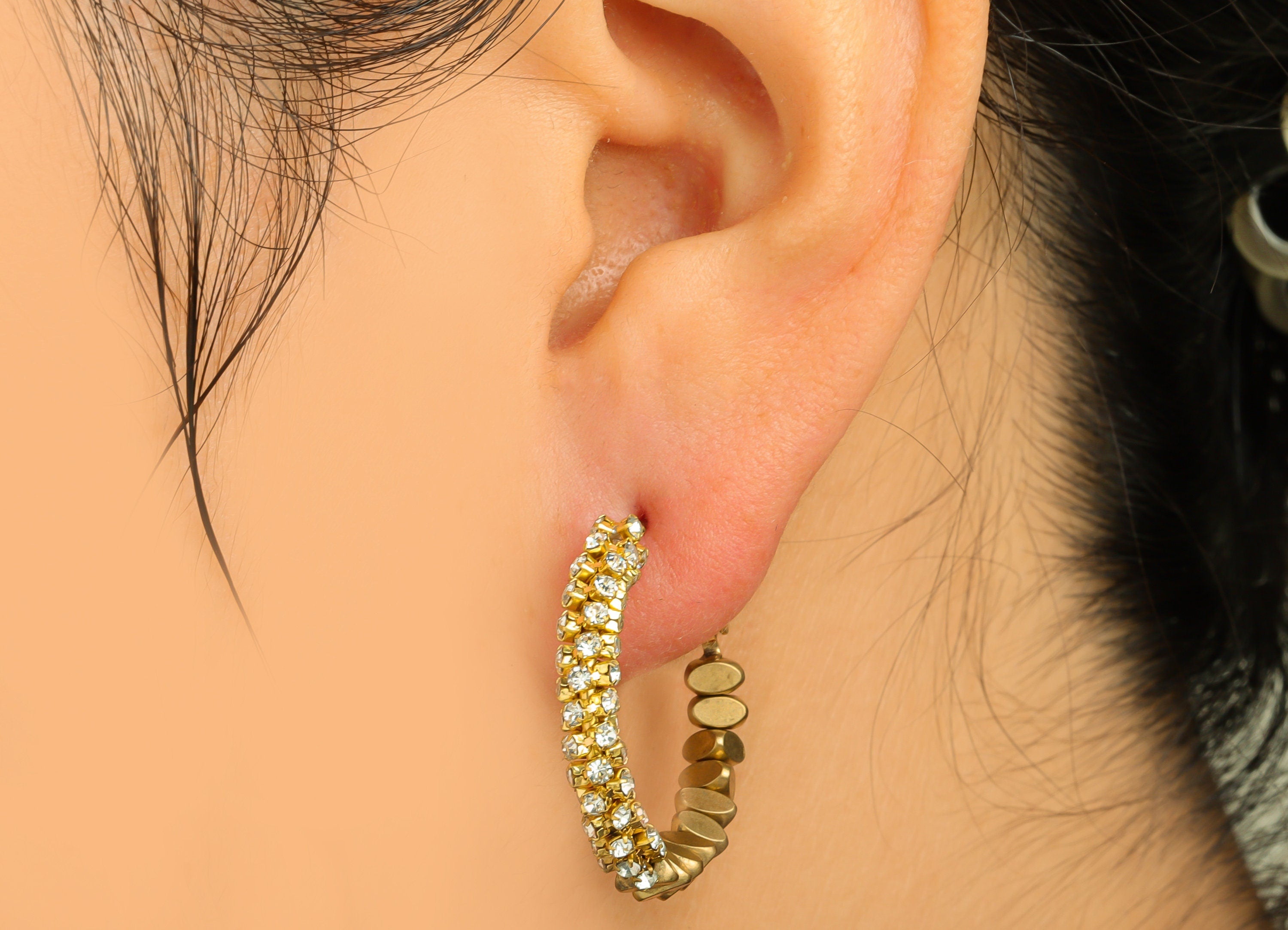 Brass CZ Hoop Earring - Raw Brass Clasp Chian Zircon Earring - Brass Beaded Hoop Clasp Earring - Cubic Zircon Clasp - 27.5x25x4mm - PP10598 - DOMEDBAZAAR