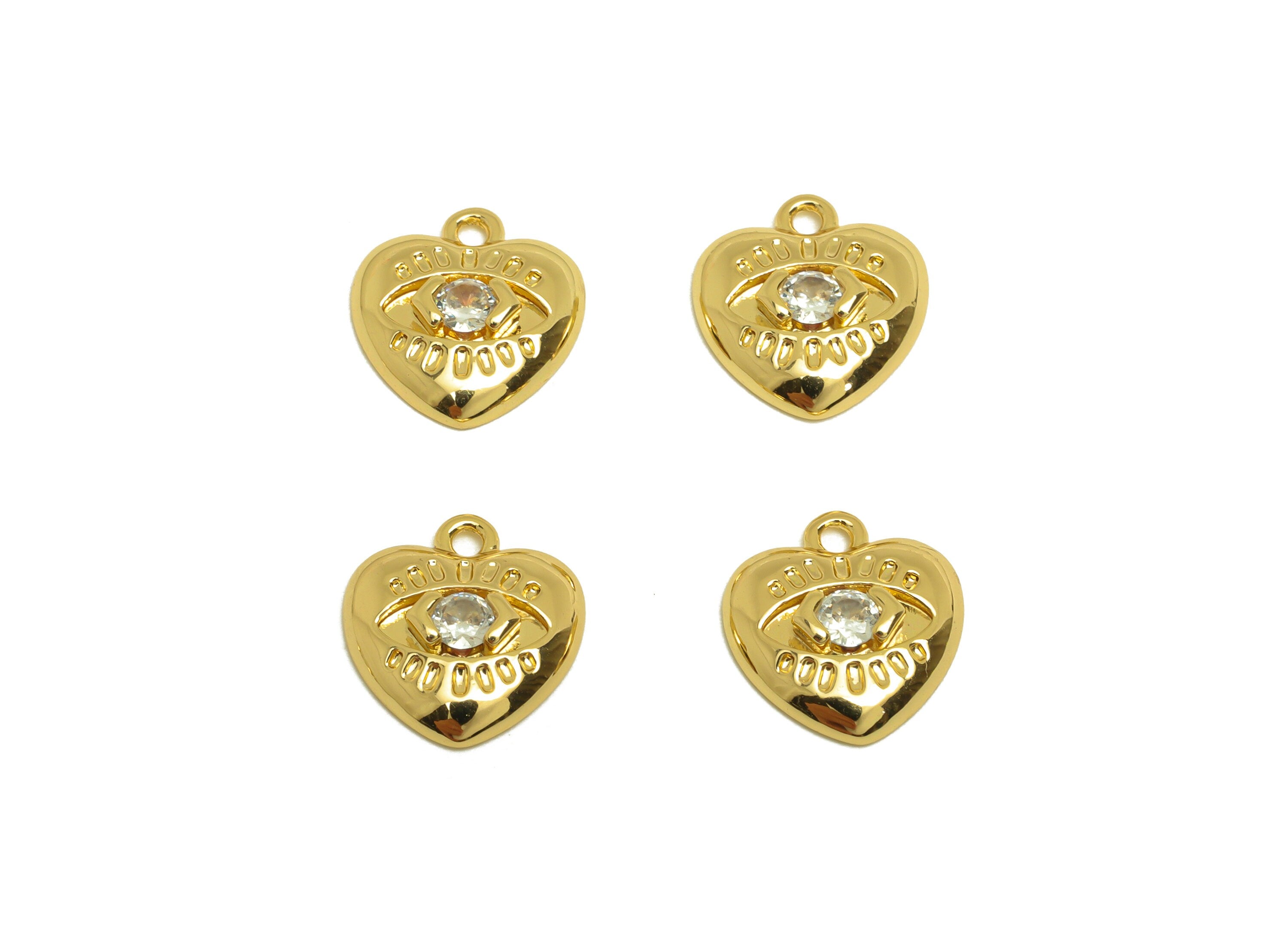 Brass Heart Earring Charm - Brass Cubic Zircon Earring Charm - Brass Eye Heart Earring Charm - 18K Real Gold Plating - 11.14x9x2mm - RGP6956 - DOMEDBAZAAR