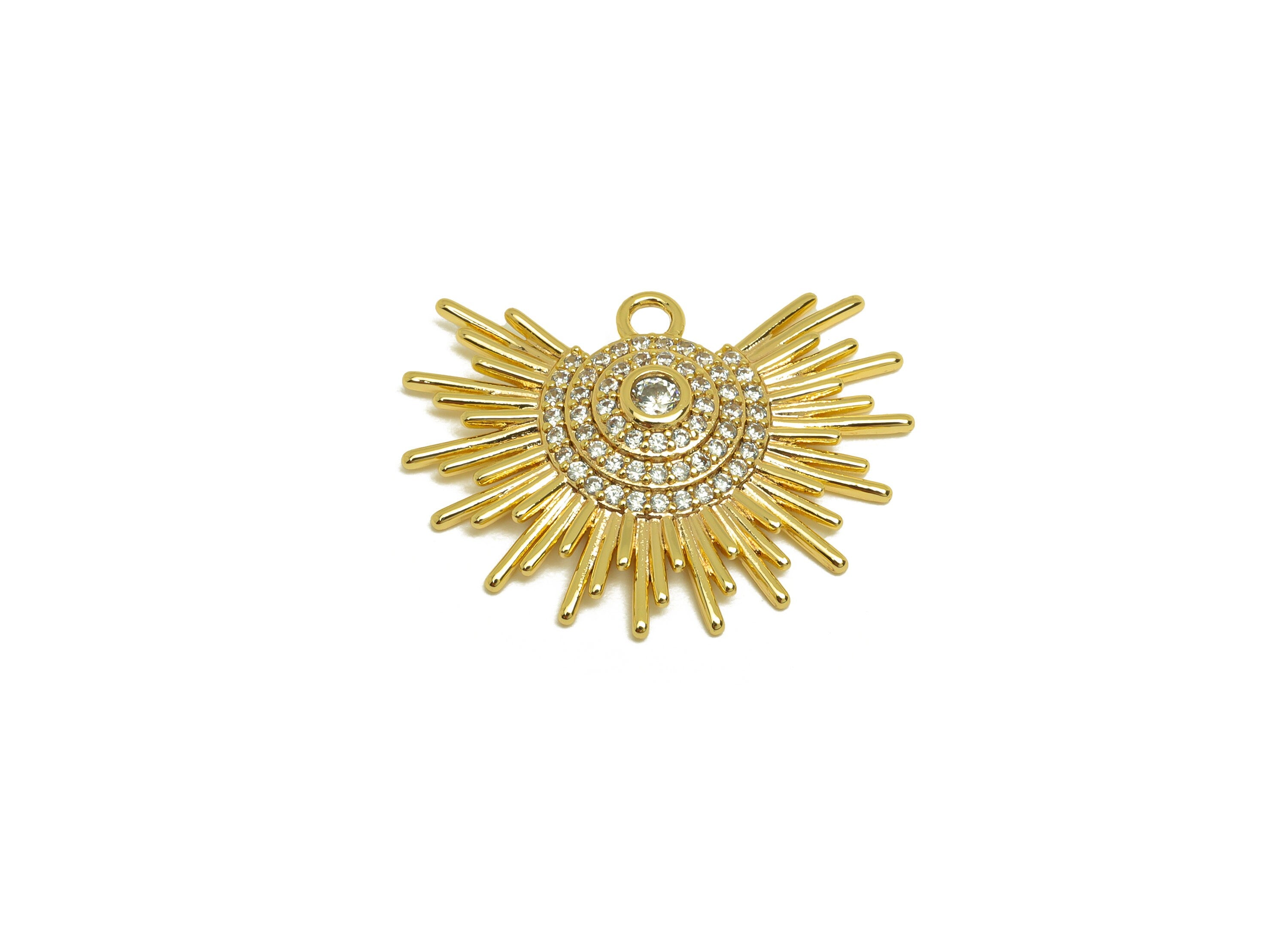 Brass Sunshine Earring Charm - Brass Cubic Zircon Earring Charm - Brass Textured Sun Pendant - 18K Real Gold Plating - 18.9x25x3mm - RGP6975 - DOMEDBAZAAR