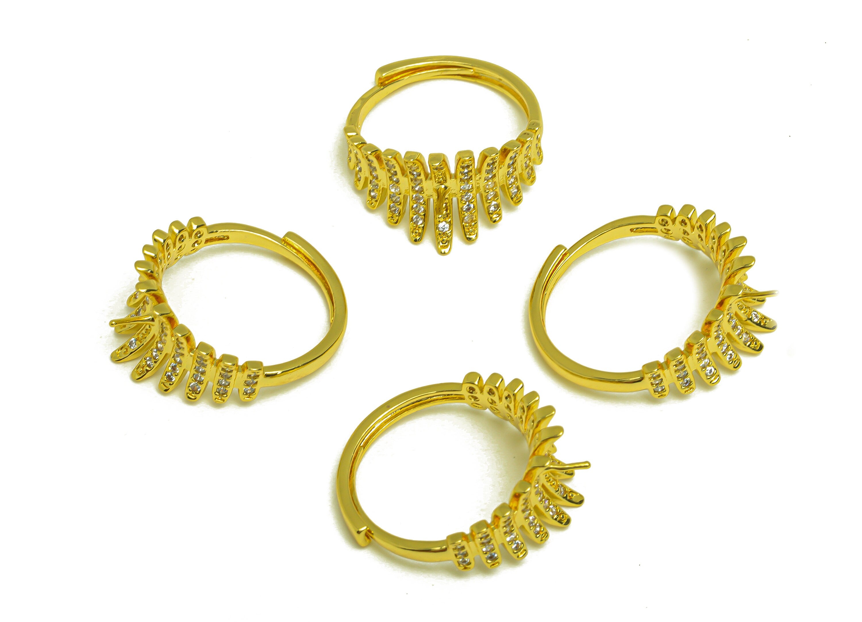 Brass Adjustable CZ Ring - Brass Ring Settings - Brass Cubic Zircon Rings For Pearl - 18K Real Gold Plating - 25.46x12x1mm - RGP6977 - DOMEDBAZAAR