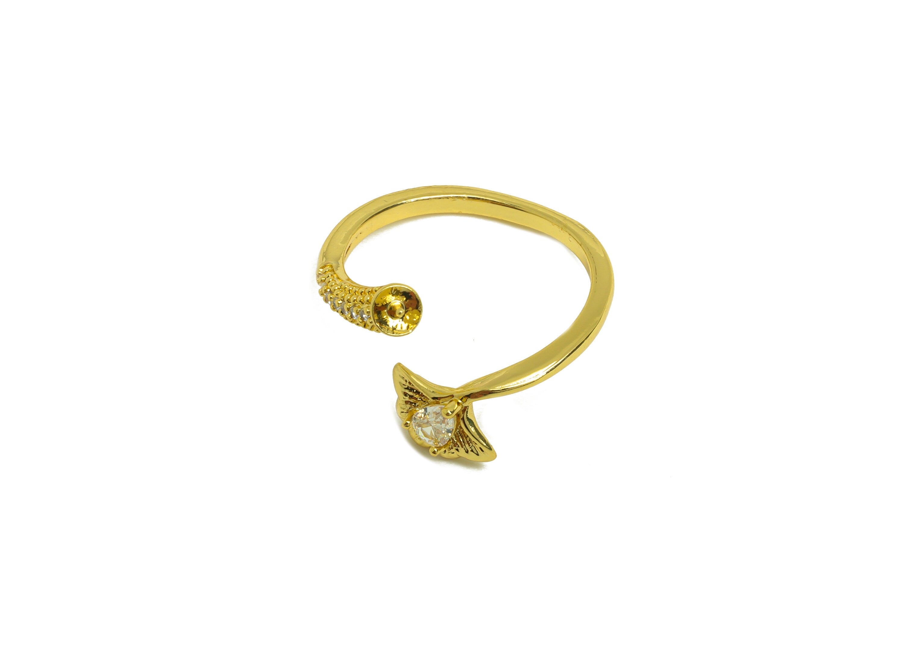 Brass Adjustable CZ Ring - Brass Lotus Leaf Ring Settings - Teardrop Zircon Rings For Pearl - 18K Real Gold Plating - 22x12.61x1mm - RGP6979 - DOMEDBAZAAR