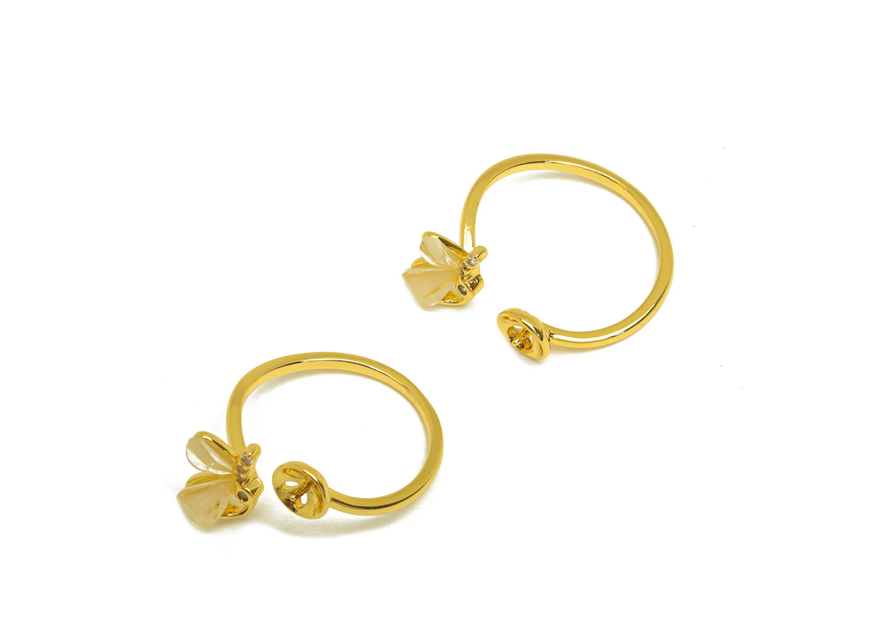 Brass Adjustable CZ Ring - Brass Butterfly Ring Settings - Brass Cubic Zircon Rings For Pearl - 18K Real Gold Plating - 20.3x8x1mm - RGP6980 - DOMEDBAZAAR
