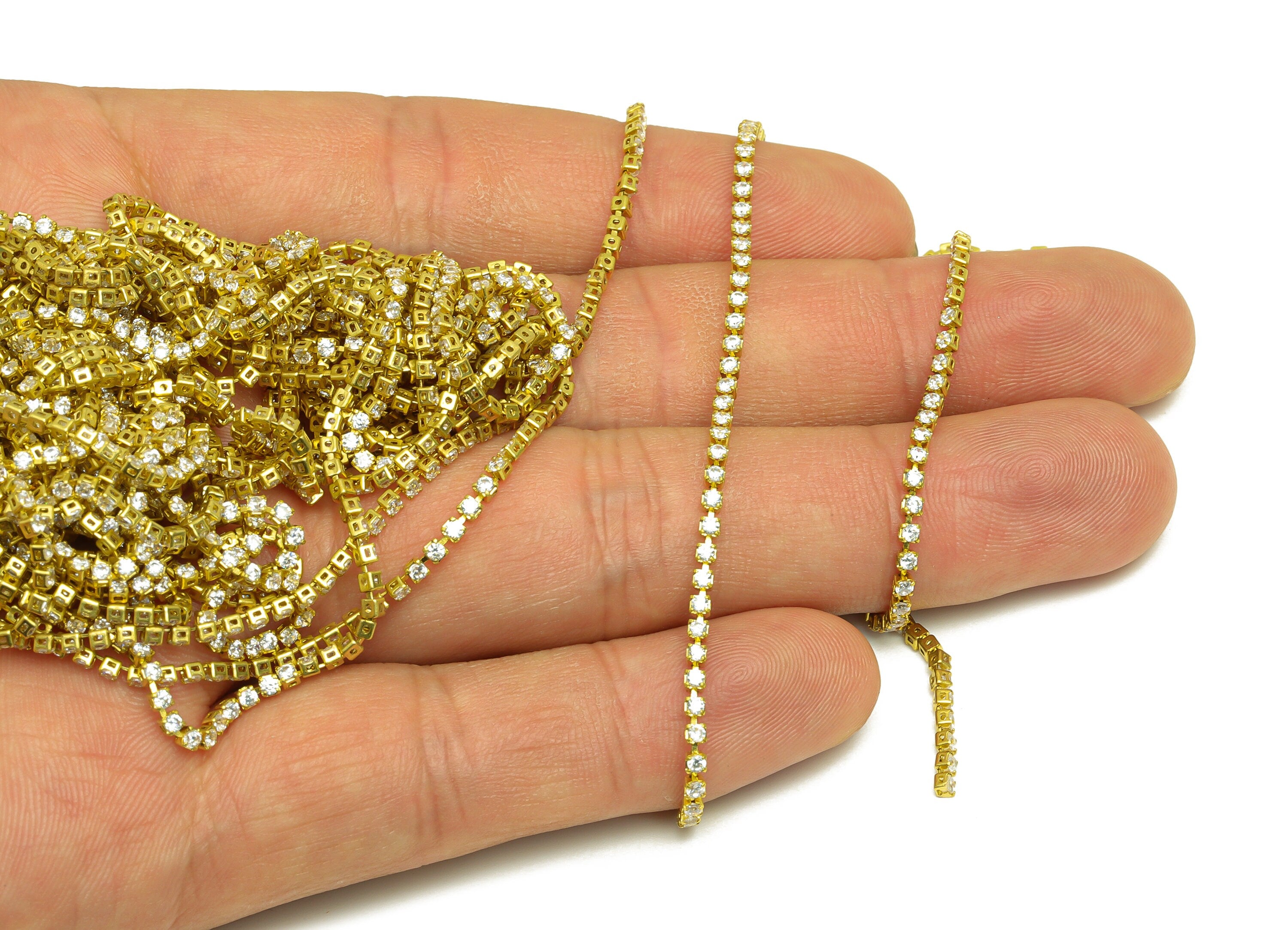 1.5mm Round Zircon Brass Chain - Raw Brass White Cubic Zircon Bracelet Chain - Brass CZ Claw Chain - 21x21x1mm - RGP6914 - DOMEDBAZAAR