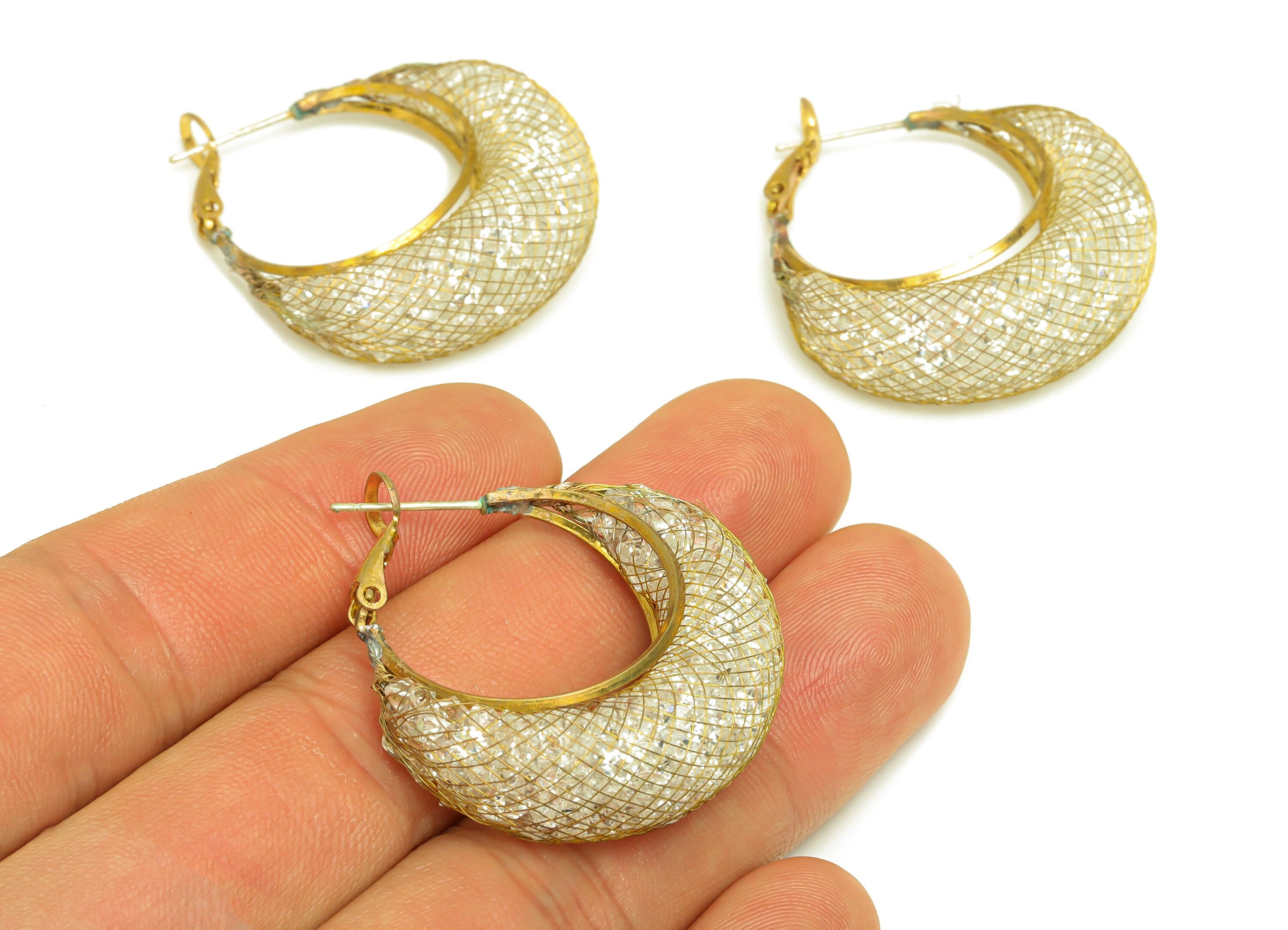 Brass CZ Hoop Earring - Raw Brass Crescent Clasp Zircon Earring - Brass Mesh Zircon Hoop Earring - Cubic Zircon Clasp - 38x32x11mm - PP10566 - DOMEDBAZAAR