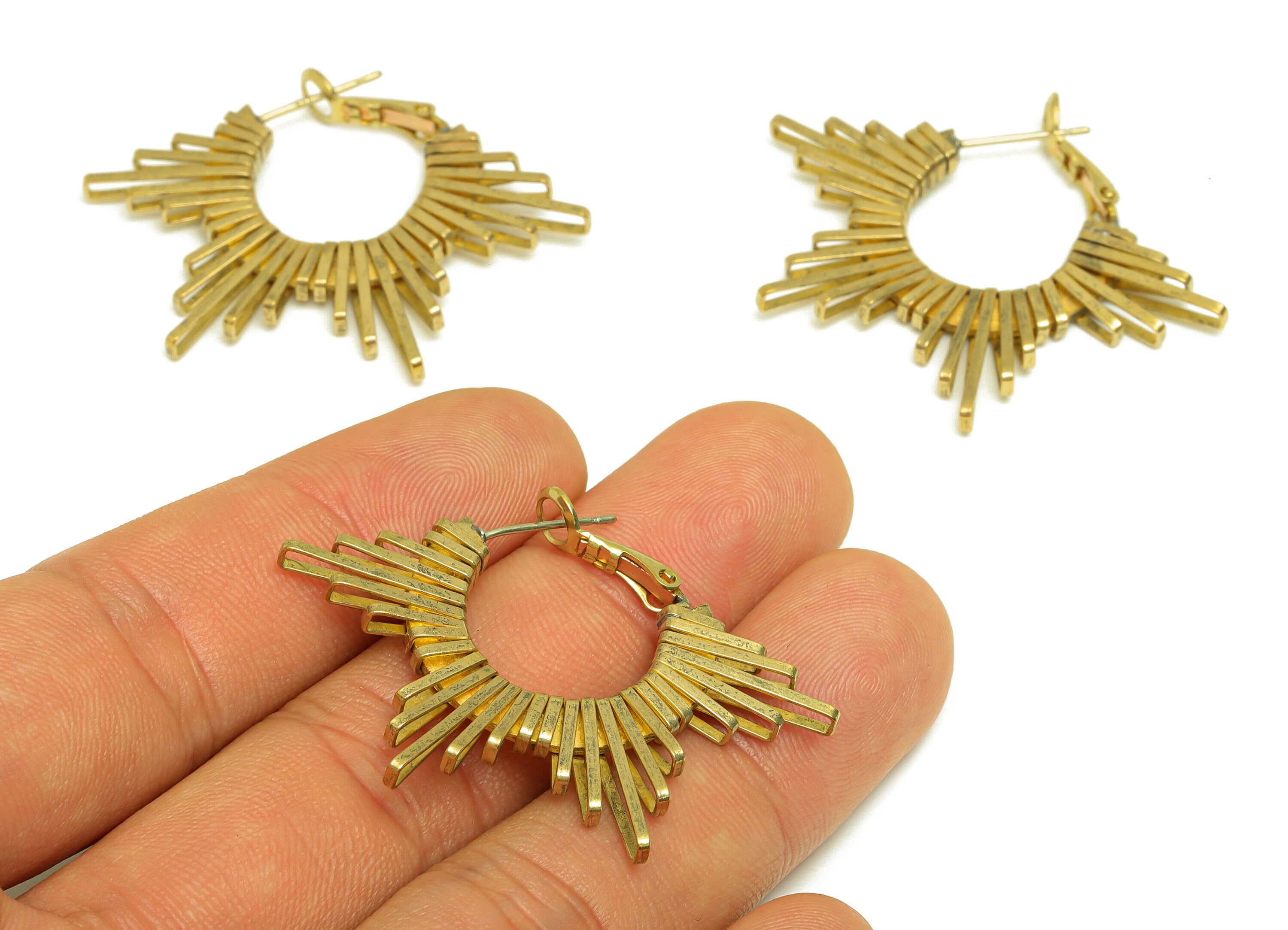 Brass Hoop Earring - Raw Brass Wire Sunshine Clasp Back Earring - Brass Sun Hoop Clasp Earring - Brass Clasp Earring - 44.7x31x2mm - PP10606 - DOMEDBAZAAR