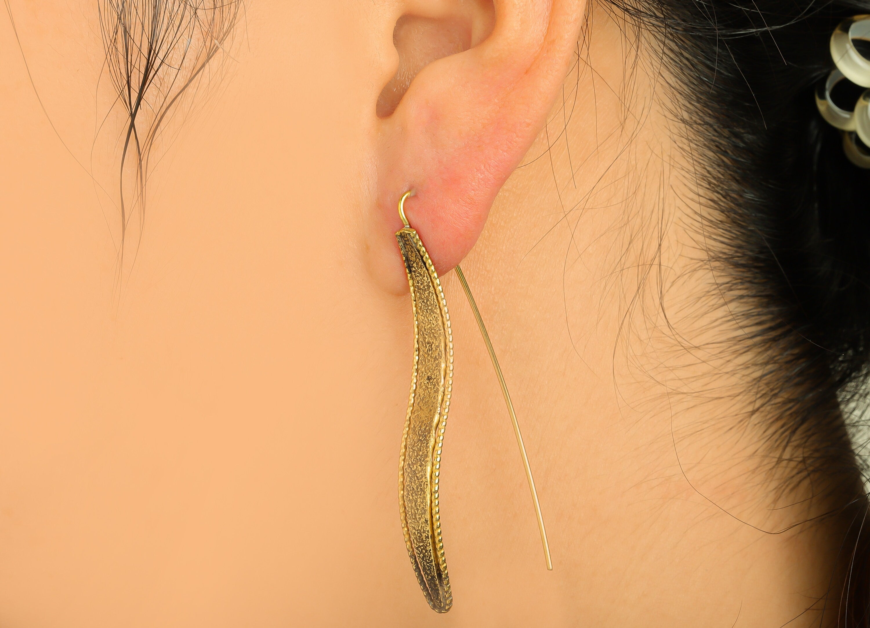 Brass Earring Wire Hook - Raw Brass Bent Marquise Ear Wire - Brass Textured Hook Ear Wire - Brass Hook Ear Wire - 52.8x7x1.2mm - PP10563 - DOMEDBAZAAR