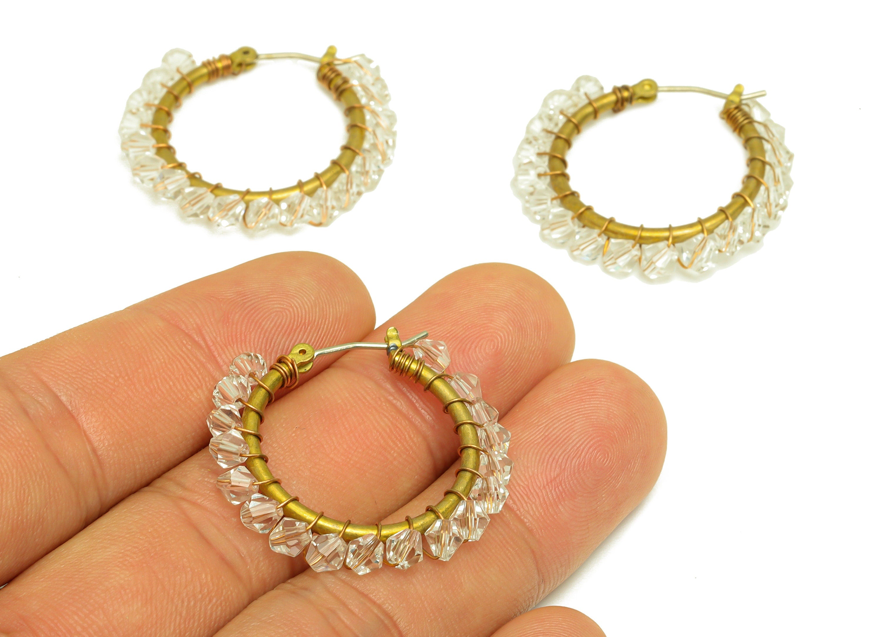 Brass CZ Bead Hoop Earring - Raw Brass Hinged Back Earring - Brass Beaded Cubic Zircon Earring - Hinged Back Earring - 32x28.7x3mm - PP10583 - DOMEDBAZAAR