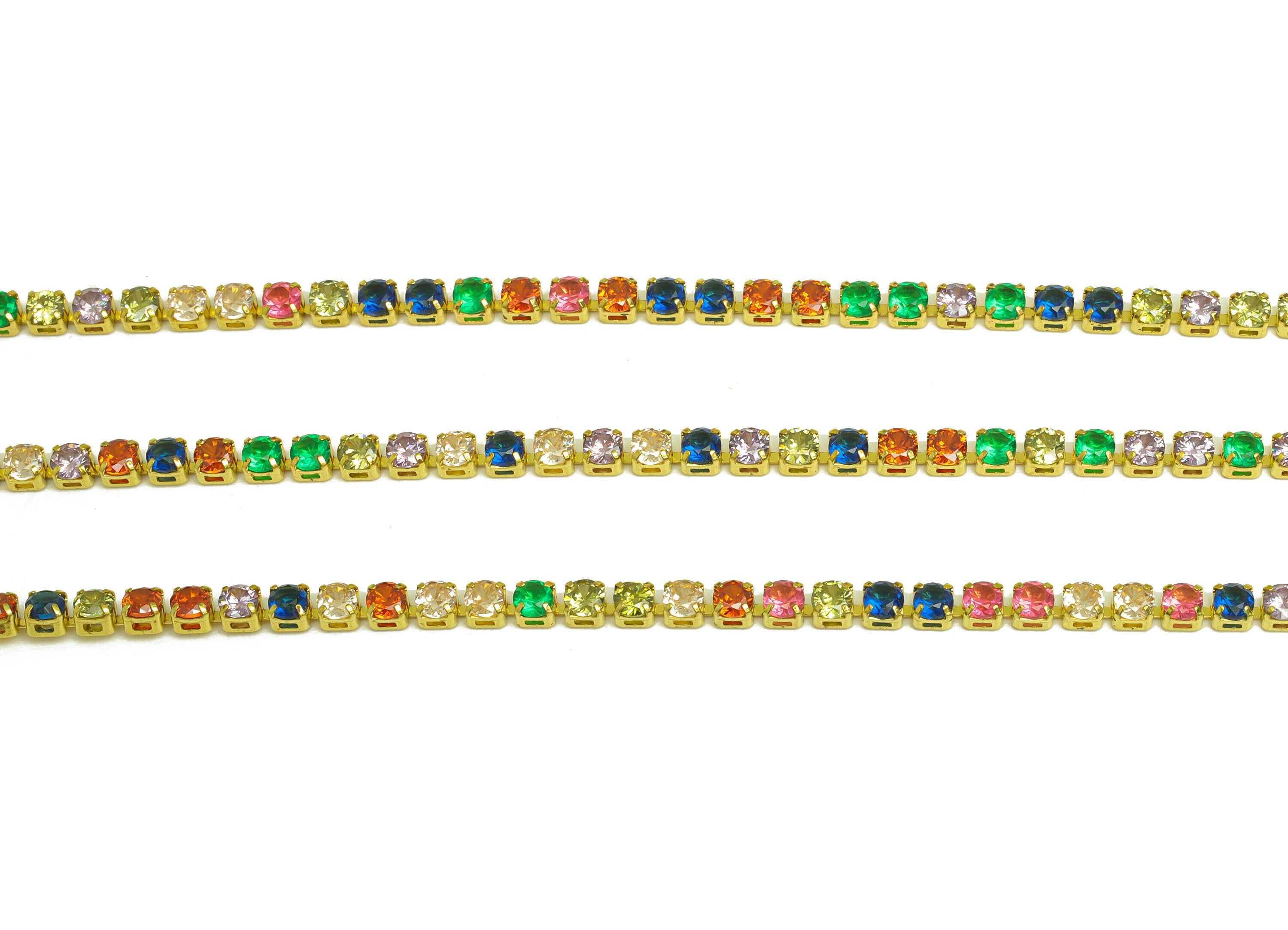 2.5mm Round Zircon Brass Chain - Raw Brass Mix Color Cubic Zircon Bracelet Chain - Brass Rainbow CZ Claw Chain - 21x21x1mm - RGP6911 - DOMEDBAZAAR