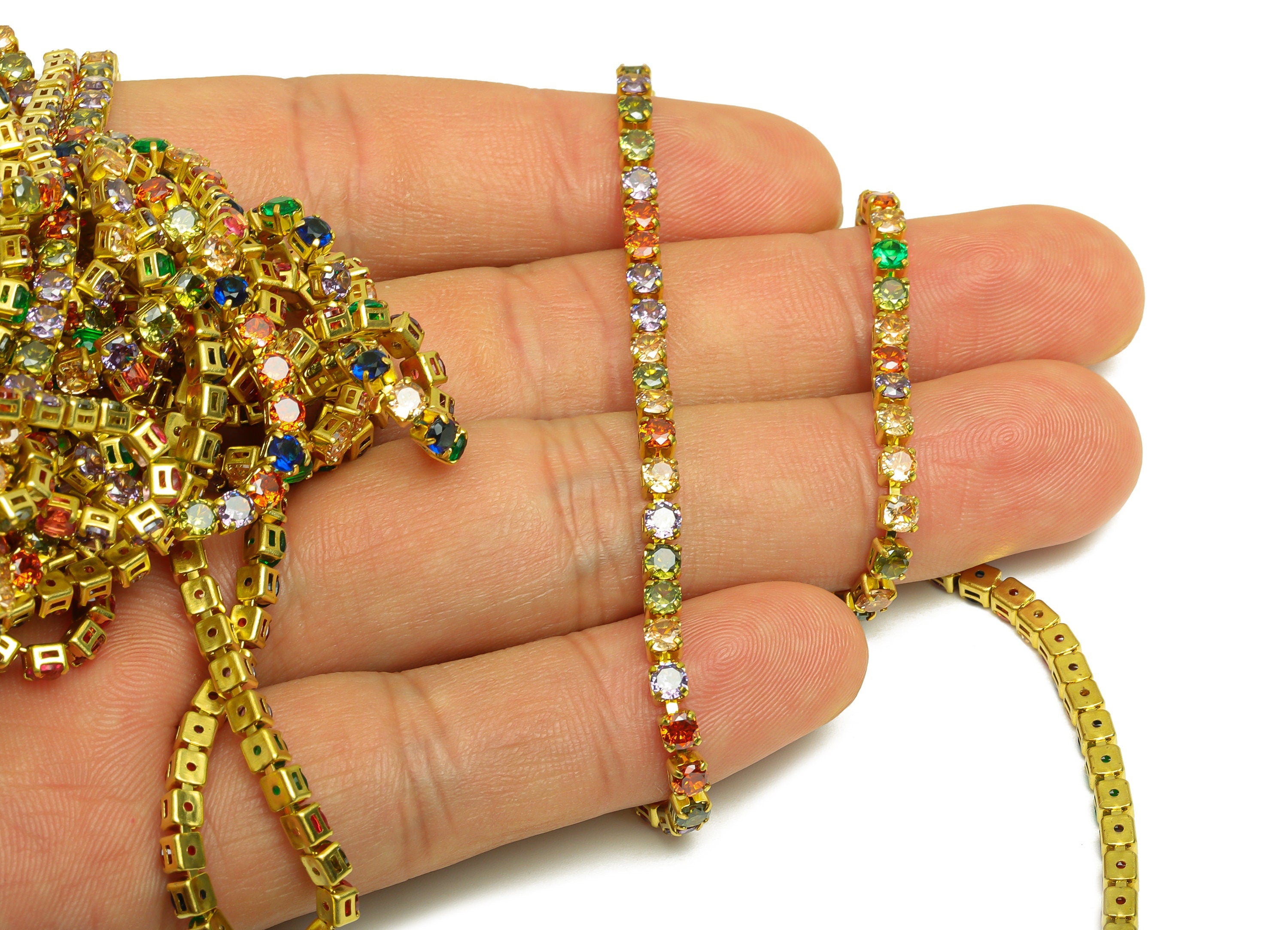 3mm Round Zircon Brass Chain - Raw Brass Mix Color Cubic Zircon Bracelet Chain - Rainbow CZ Claw Chain - DIY Chain - 3x3mm - RGP6910 - DOMEDBAZAAR