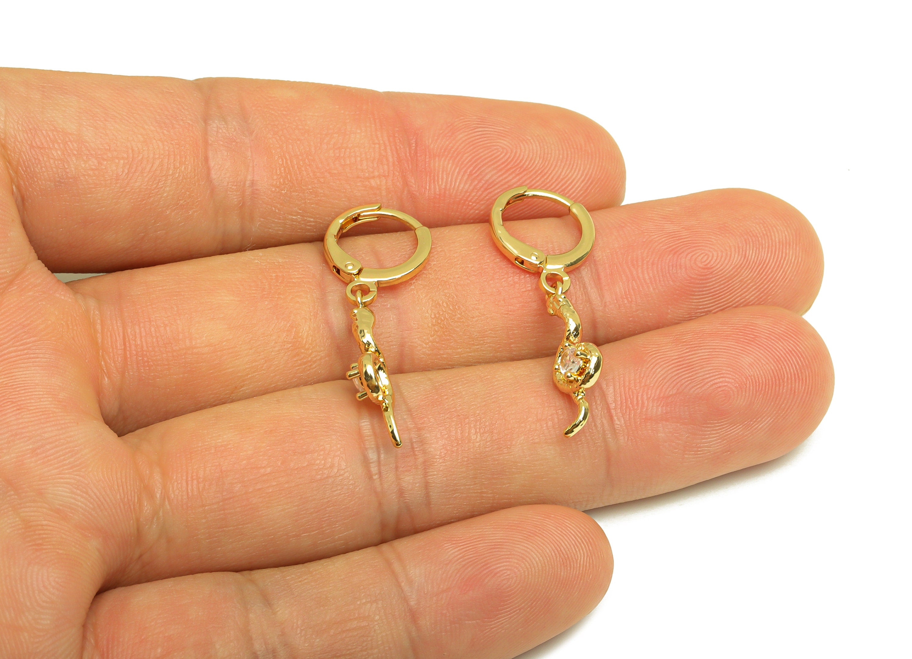 Brass CZ Hoop Earring - Brass Snake Lever Back Earring Hoop - Brass Zircon Hoop Earring - 18K Real Gold Plating - 32.33x11x0.9mm - RGP6847 - DOMEDBAZAAR