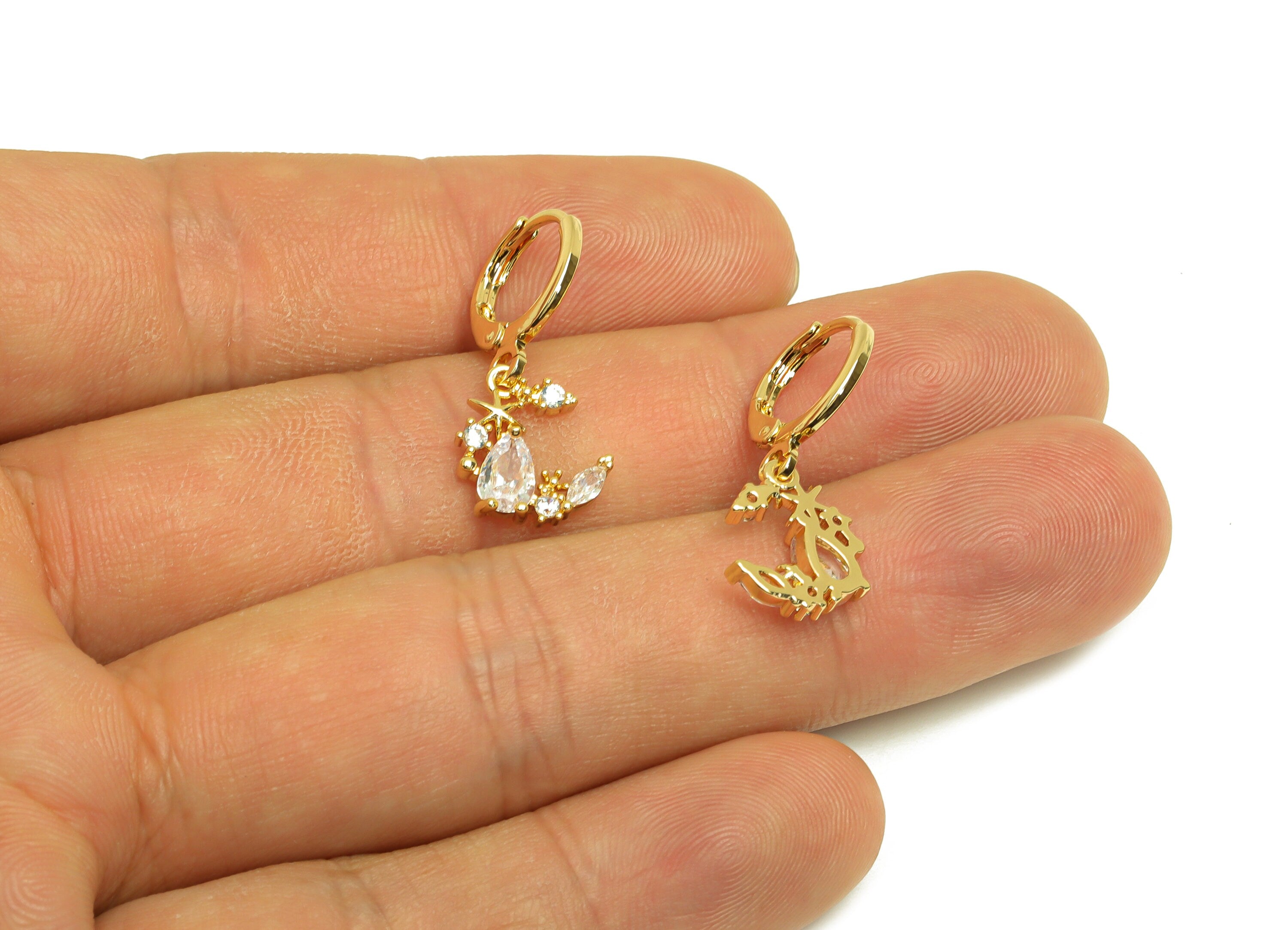 Brass CZ Hoop Earring - Brass Crescent Lever Back Earring Hoop - Drop Zircon Marquise Earring - 18K Real Gold Plating - 24x10x1mm - RGP6841 - DOMEDBAZAAR