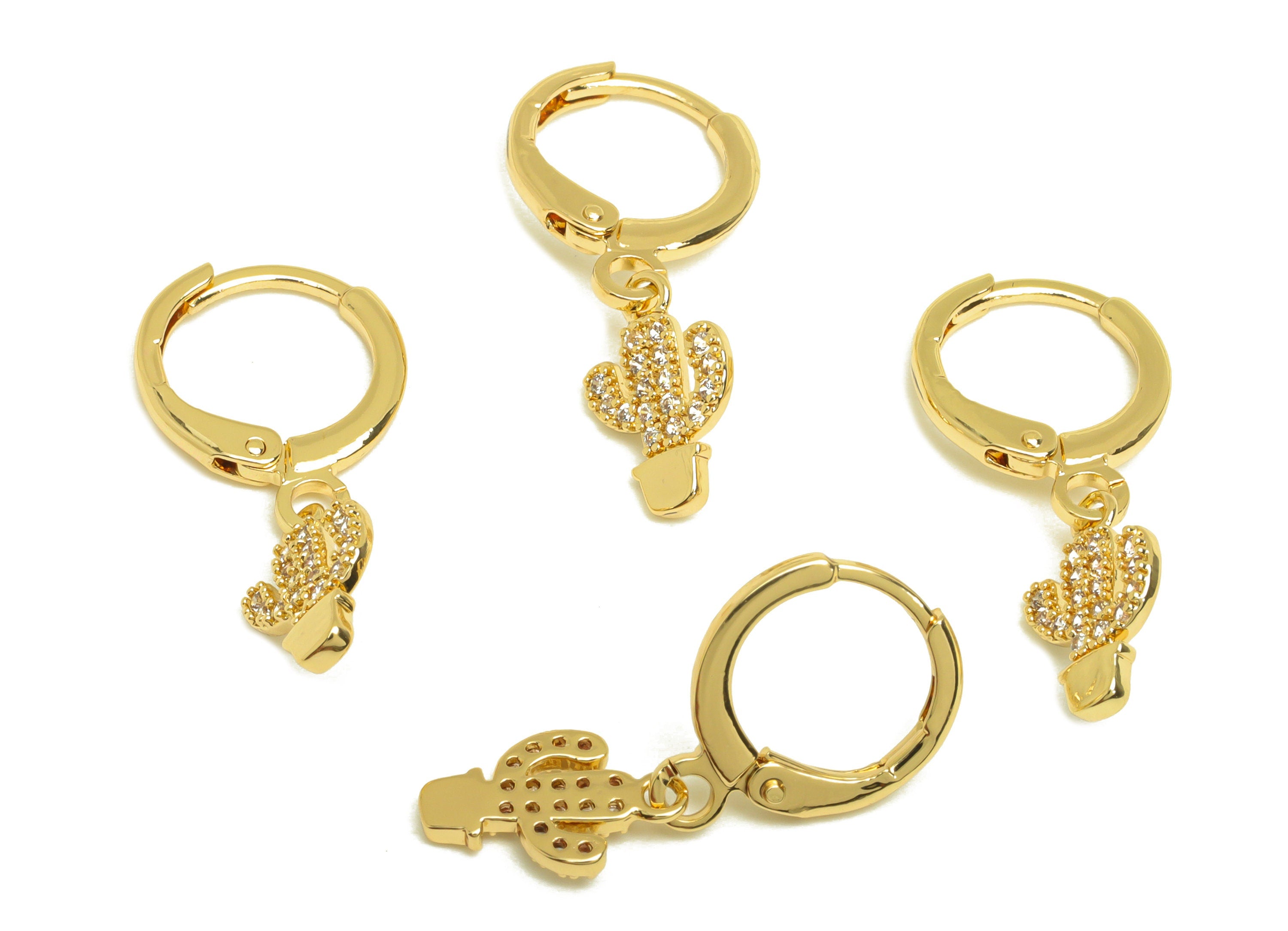 Brass CZ Hoop Earring - Brass Cactus Lever Back Earring Hoop - Brass Botanical Hoop Earring - 18K Real Gold Plating - 24x11x1mm- RGP6861 - DOMEDBAZAAR