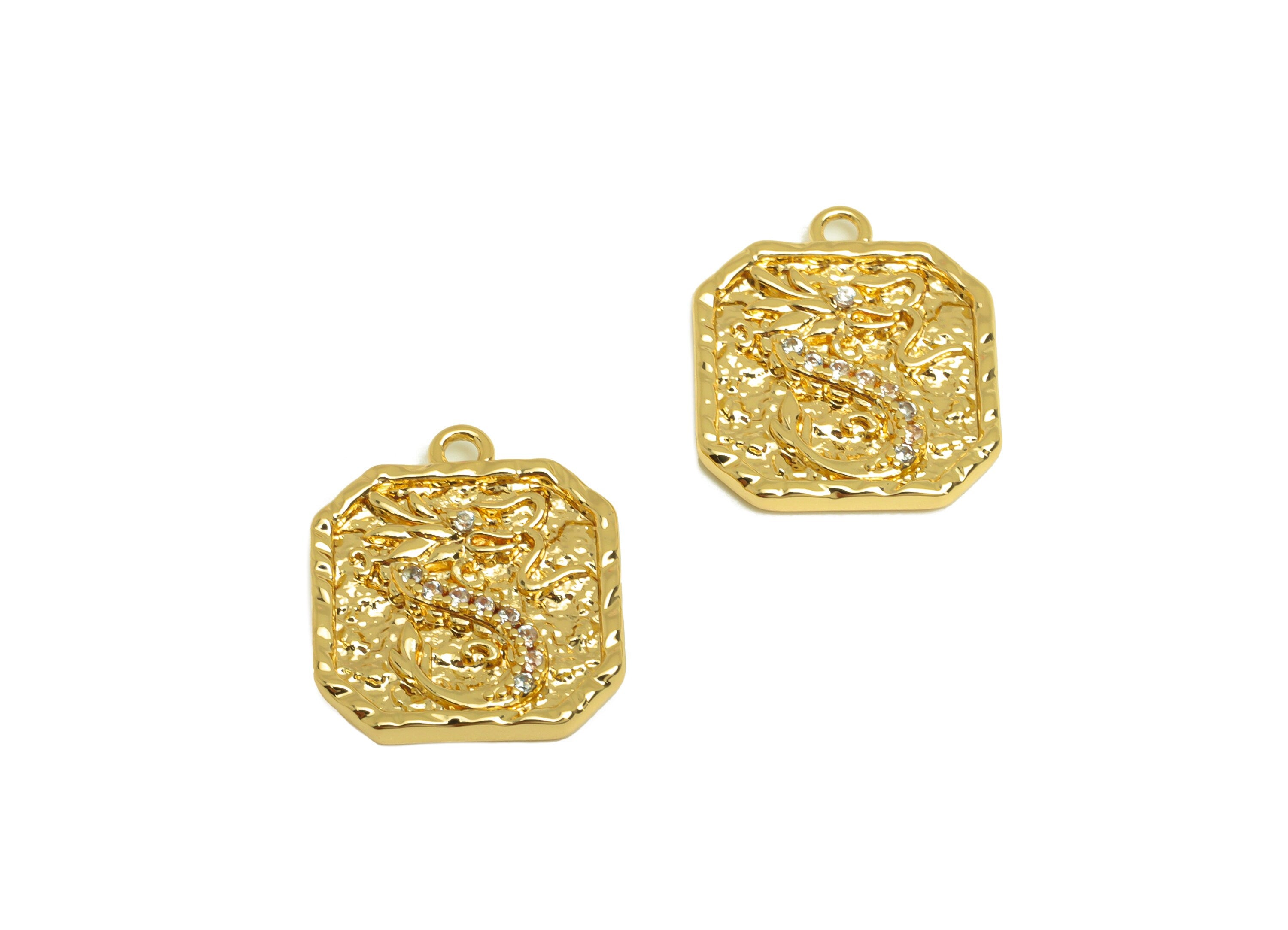 Brass Dragon Earring Charm - Brass Cubic Zircon Earring Charm - Brass Textured Earring Charm - 18K Real Gold Plating - 16x13x2mm - RGP6889 - DOMEDBAZAAR