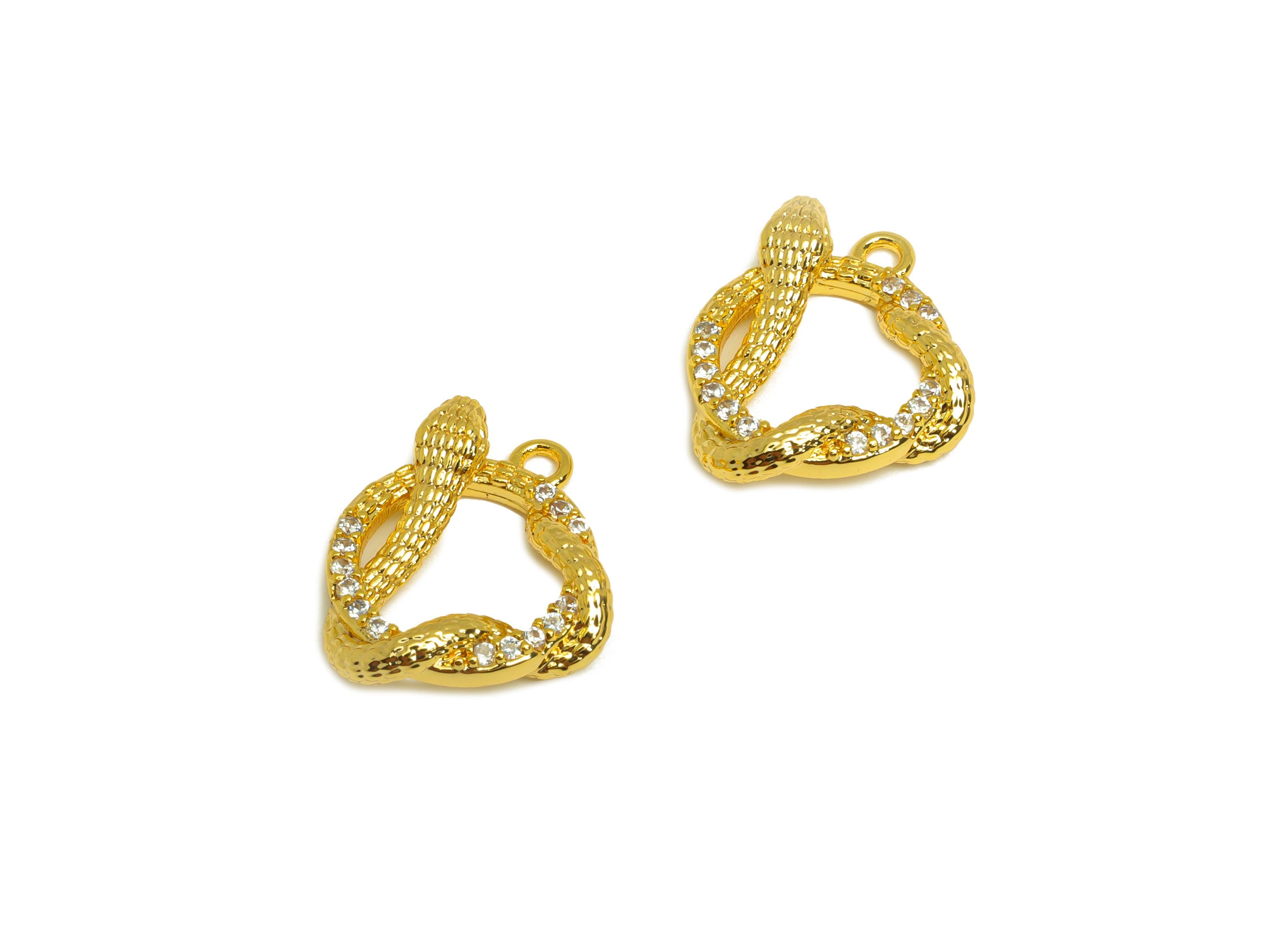 Brass Snake Earring Charm - Brass Cubic Zircon Earring Charm - Brass Twine Snake Earring Charm - 18K Real Gold Plating - 14x12x2mm - RGP6875 - DOMEDBAZAAR
