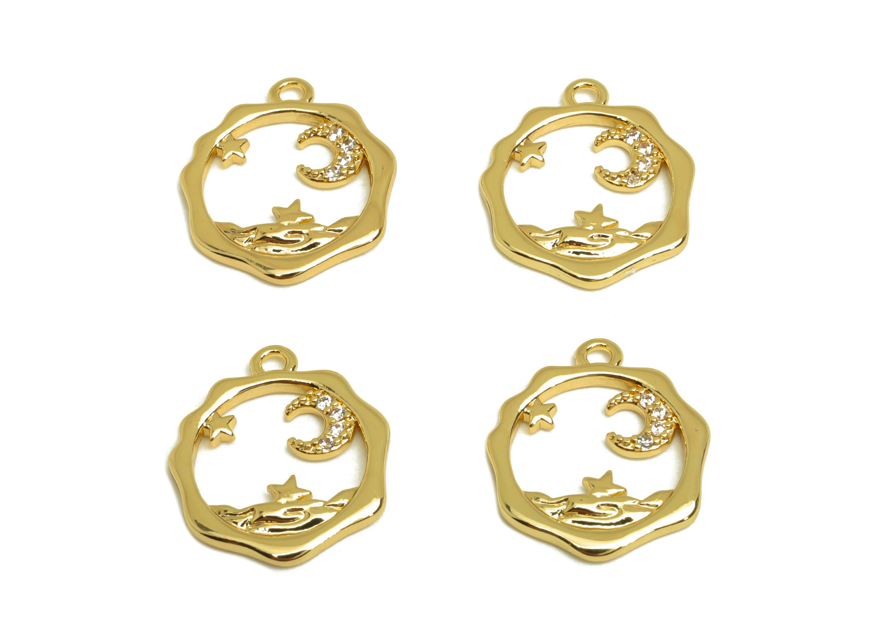 Brass Crescent Earring Charm - Brass Cubic Zircon Earring Charm - Brass Heptagon Earring Charm - 18K Real Gold Plating - 16x14x1mm - RGP6881 - DOMEDBAZAAR