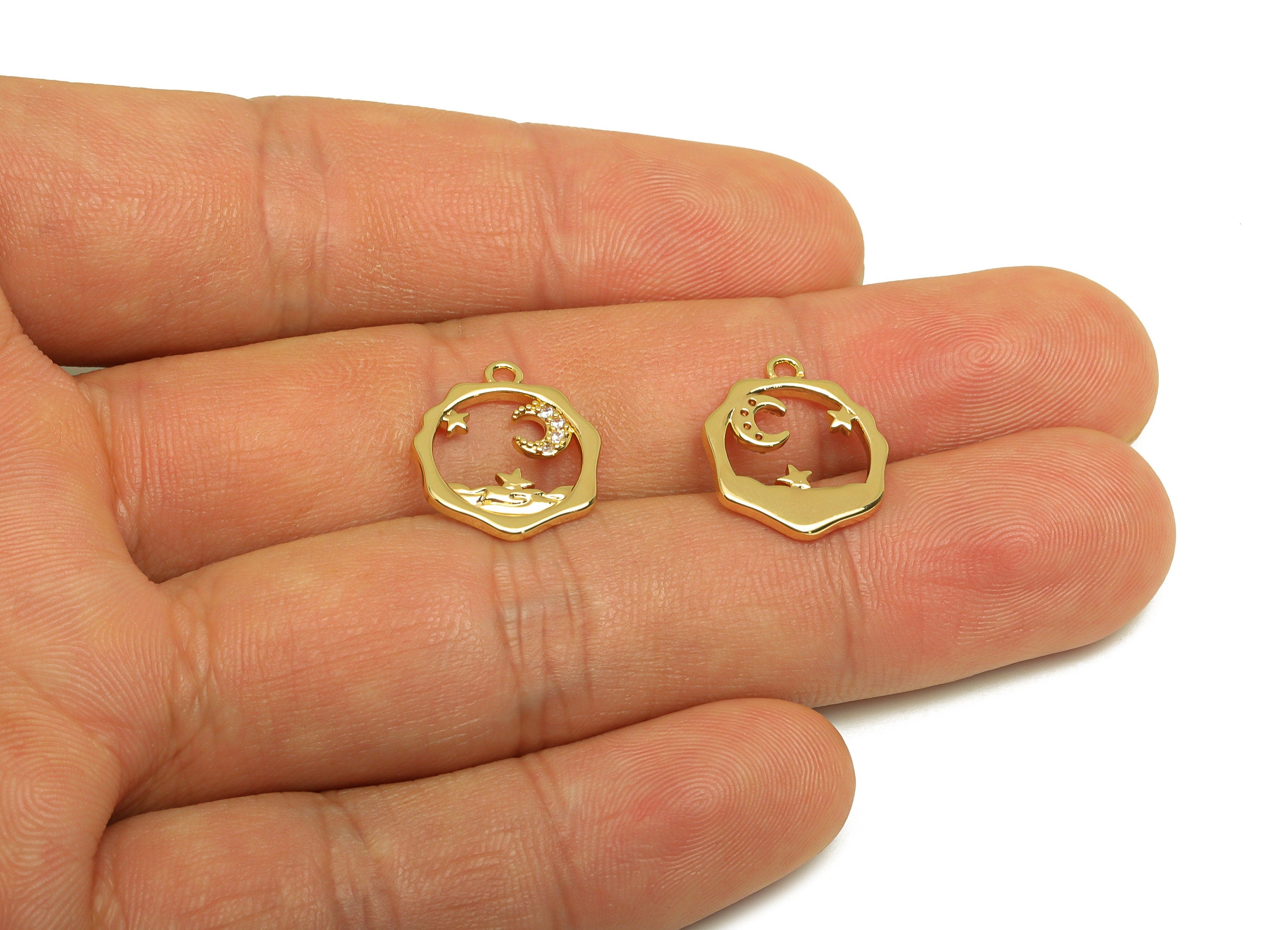 Brass Crescent Earring Charm - Brass Cubic Zircon Earring Charm - Brass Heptagon Earring Charm - 18K Real Gold Plating - 16x14x1mm - RGP6881 - DOMEDBAZAAR