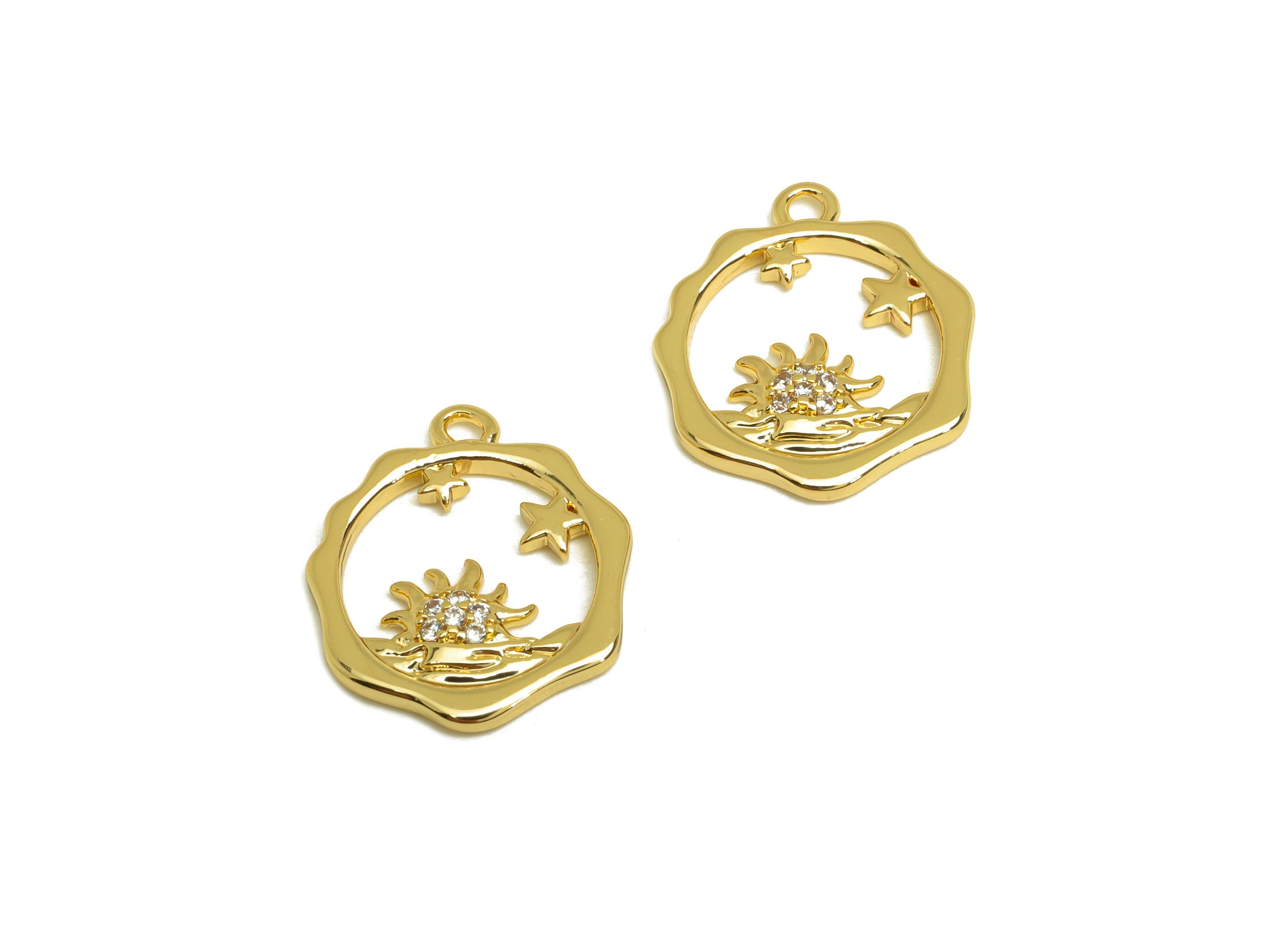 Brass Sun Earring Charm - Brass Star Zircon Earring Charm - Brass Space Heptagon Earring Charm - 18K Real Gold Plating - 16x14x1mm - RGP6883 - DOMEDBAZAAR