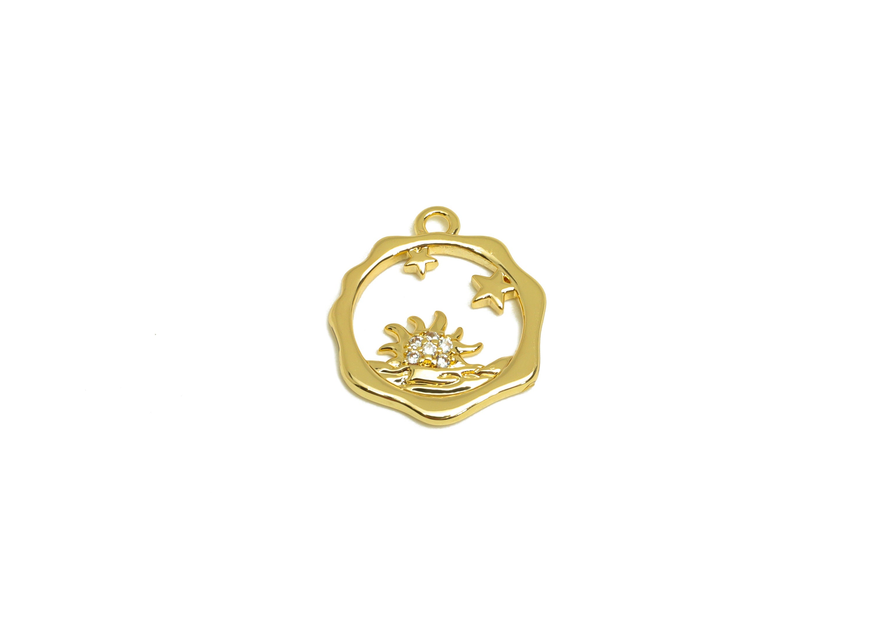 Brass Sun Earring Charm - Brass Star Zircon Earring Charm - Brass Space Heptagon Earring Charm - 18K Real Gold Plating - 16x14x1mm - RGP6883 - DOMEDBAZAAR