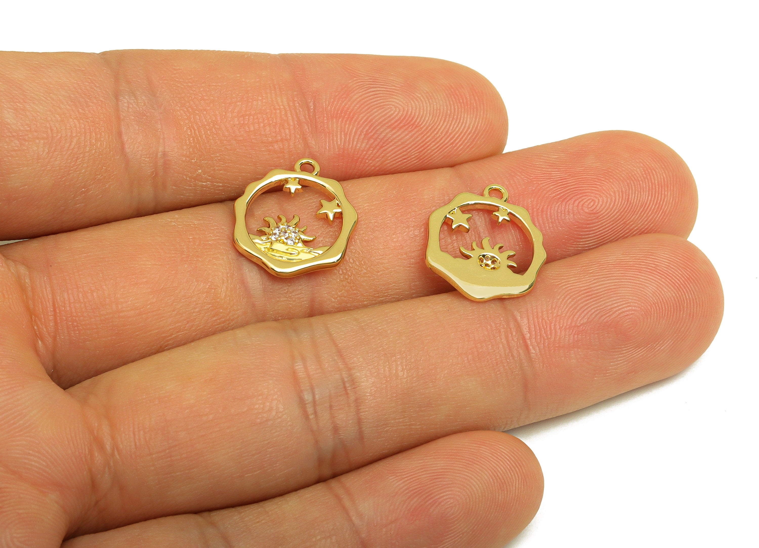 Brass Sun Earring Charm - Brass Star Zircon Earring Charm - Brass Space Heptagon Earring Charm - 18K Real Gold Plating - 16x14x1mm - RGP6883 - DOMEDBAZAAR