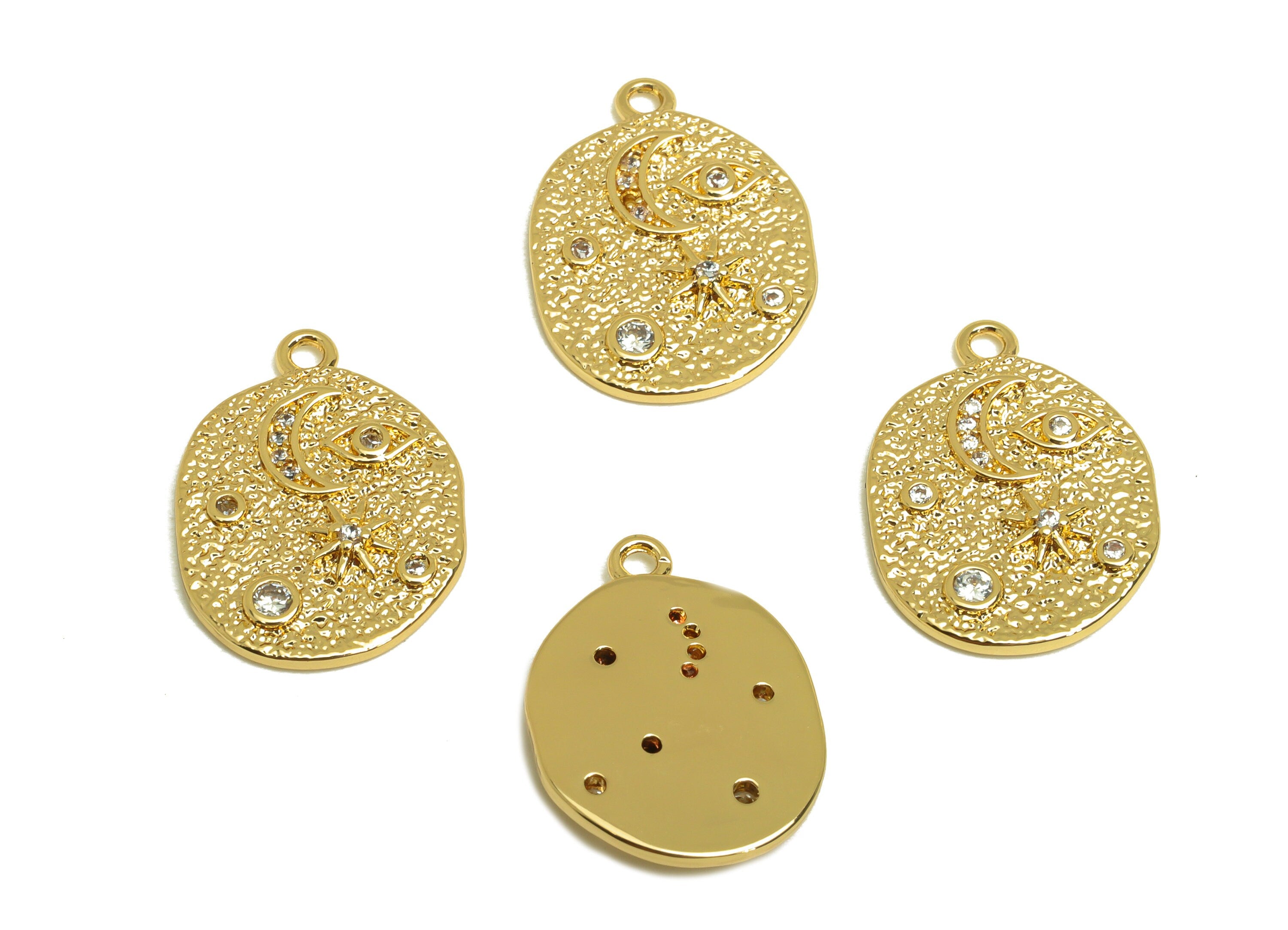 Brass Crescent Earring Charm - Brass Star Zircon Earring Charm - Eye Textured Space Charm - 18K Real Gold Plating - 18x13.78x1.9mm - RGP6849 - DOMEDBAZAAR