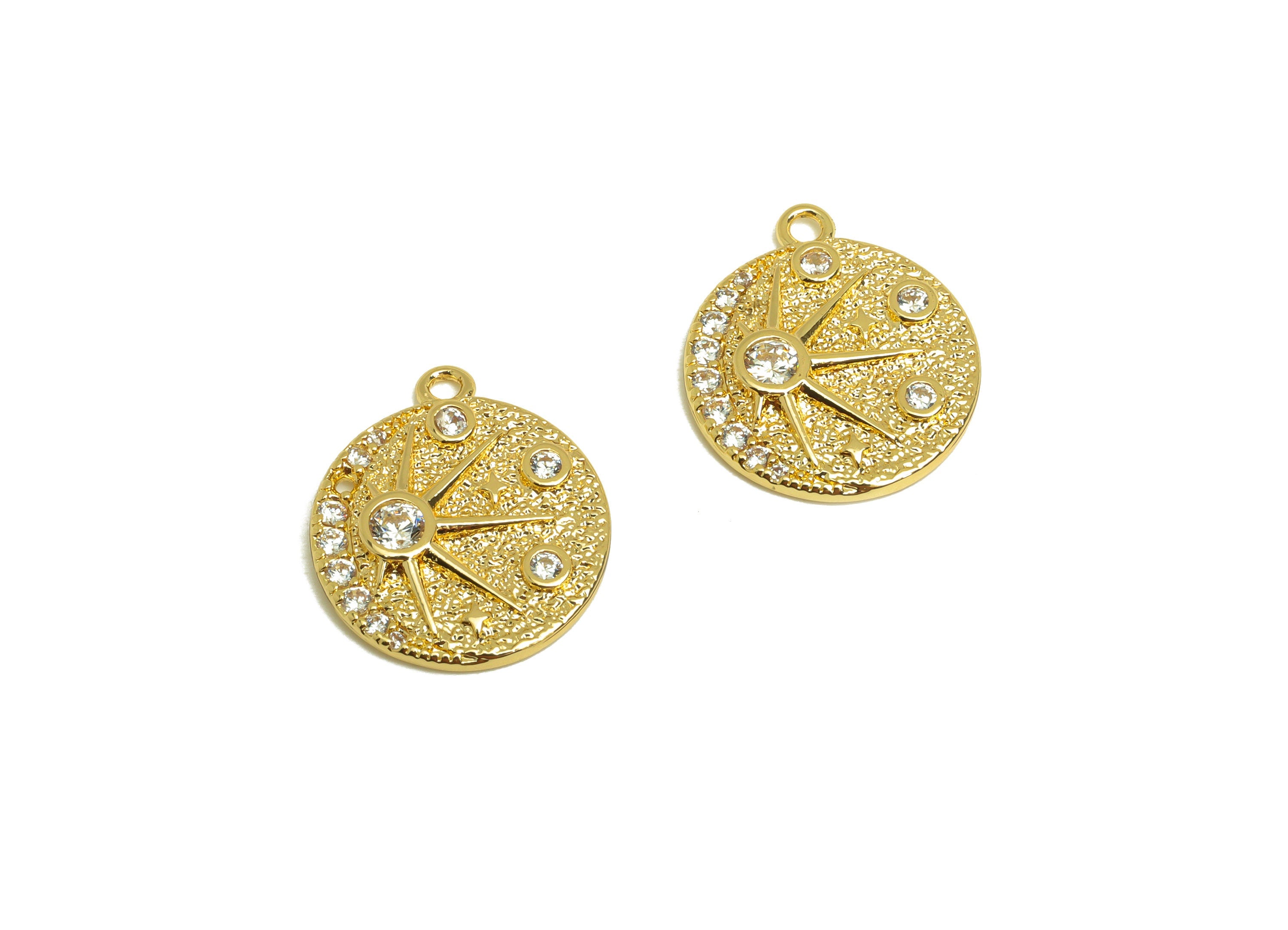 Brass Sunshine Earring Charm - Brass Star Zircon Earring Charm - Brass Textured Space Charm - 18K Real Gold Plating - 17x14x2.4mm - RGP6865 - DOMEDBAZAAR