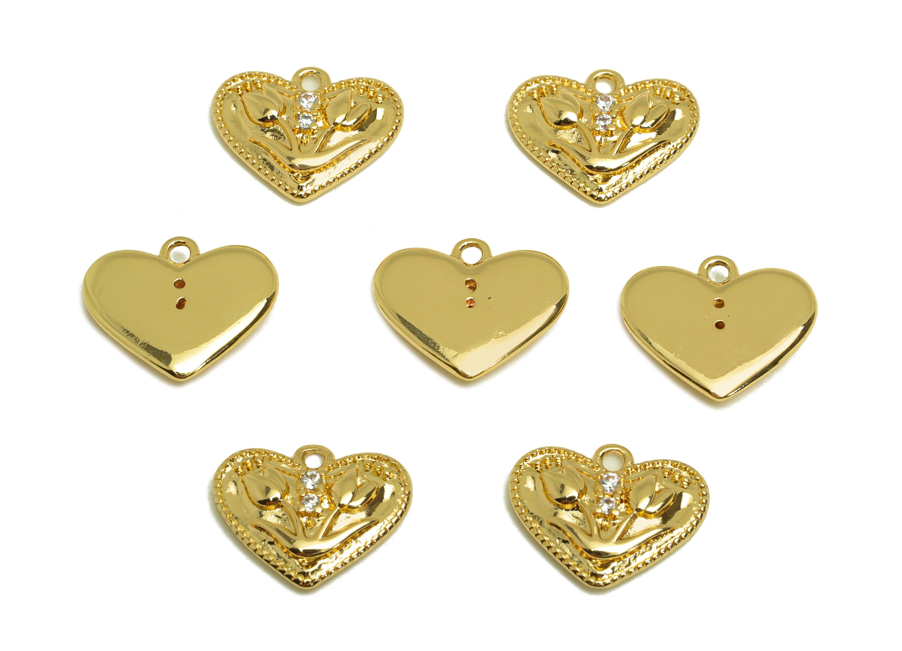 Brass Heart Earring Charm - Brass Tulip Zircon Earring Charm - Brass Flower Earring Charm - 18K Real Gold Plating - 11x13.43x2.6mm - RGP6857 - DOMEDBAZAAR