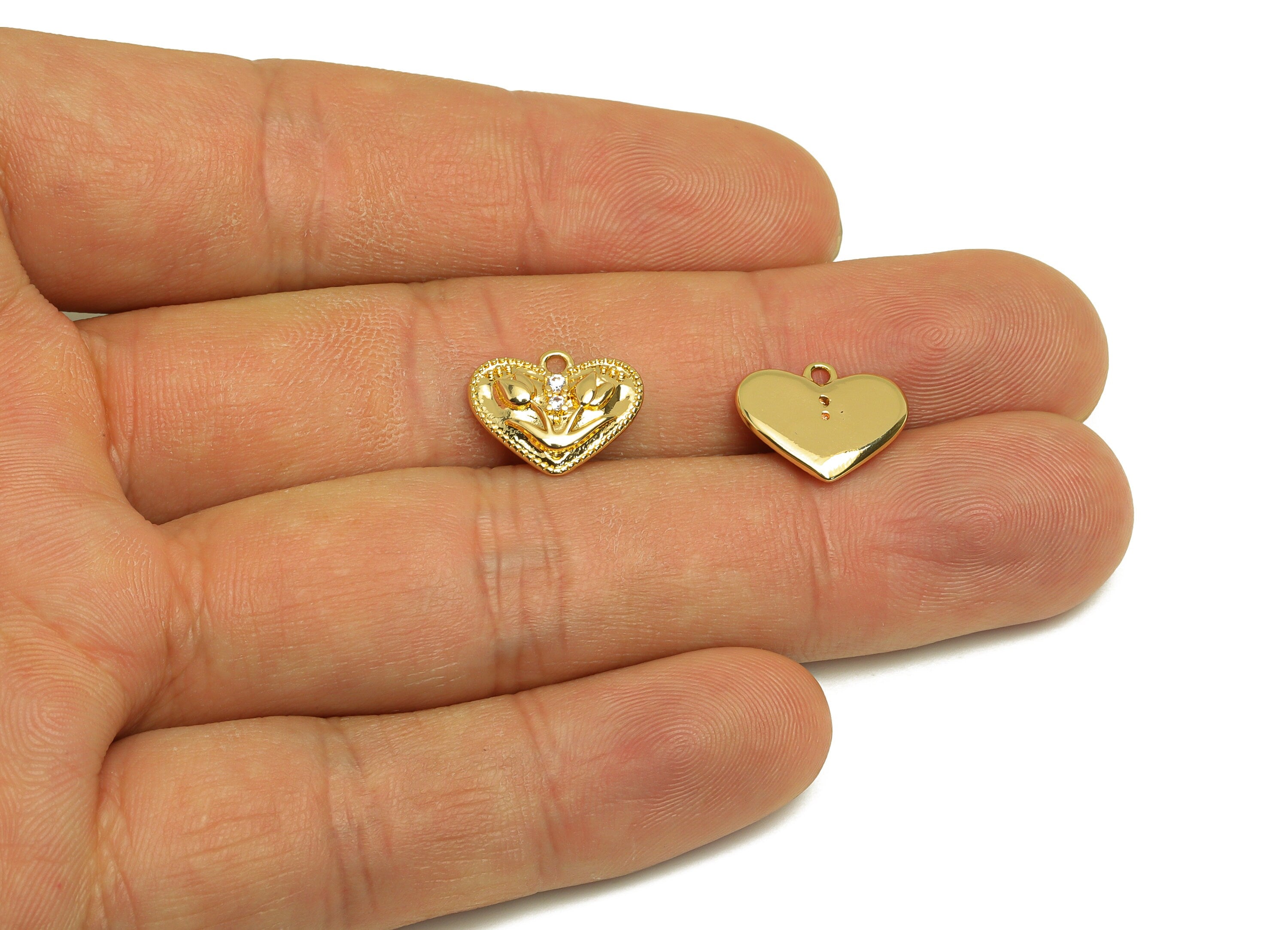 Brass Heart Earring Charm - Brass Tulip Zircon Earring Charm - Brass Flower Earring Charm - 18K Real Gold Plating - 11x13.43x2.6mm - RGP6857 - DOMEDBAZAAR