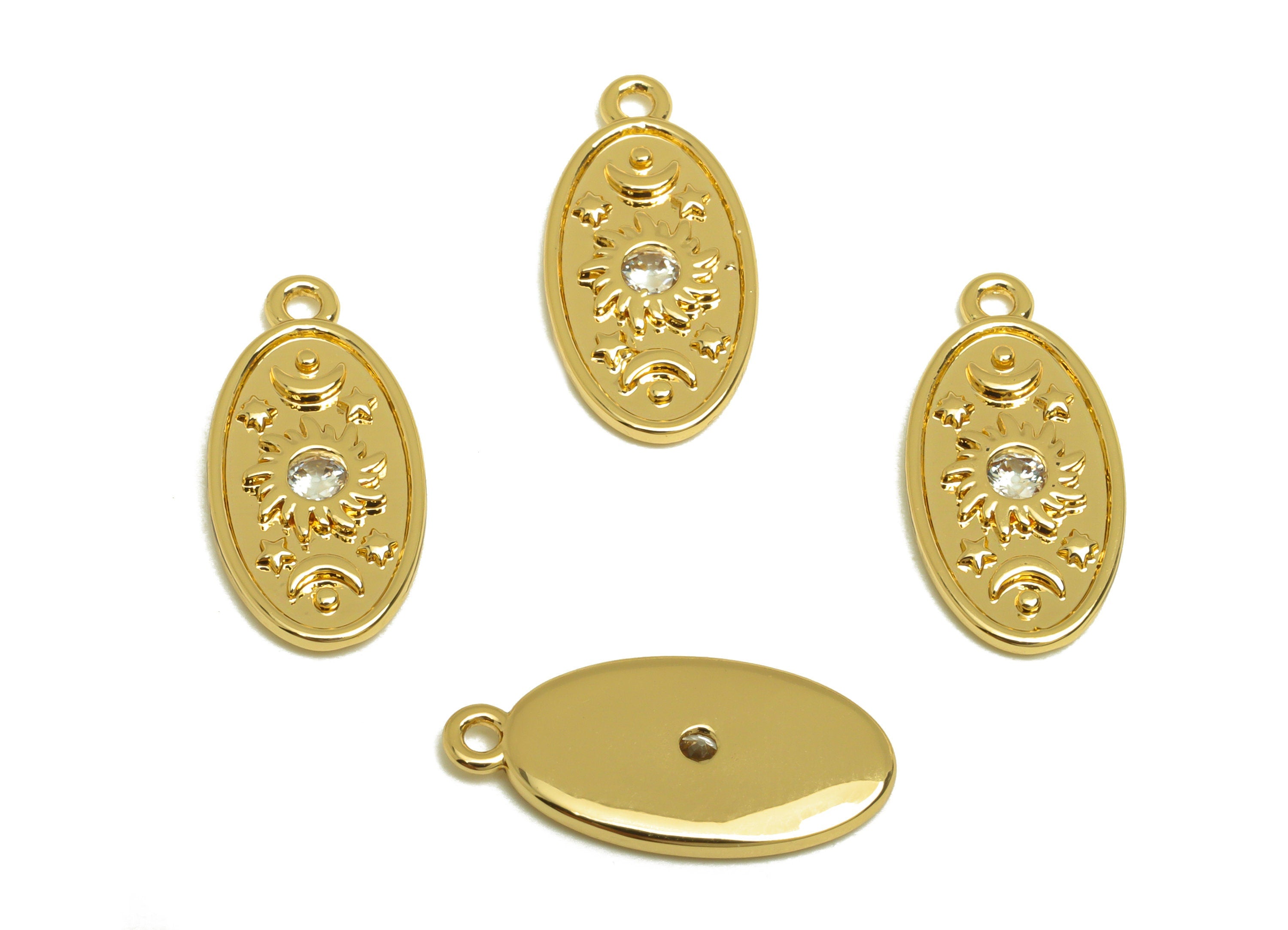 Brass Sunshine Earring Charm - Brass Star Zircon Earring Charm - Brass Textured Space Charm - 18K Real Gold Plating - 17.78x8x1mm - RGP6845 - DOMEDBAZAAR