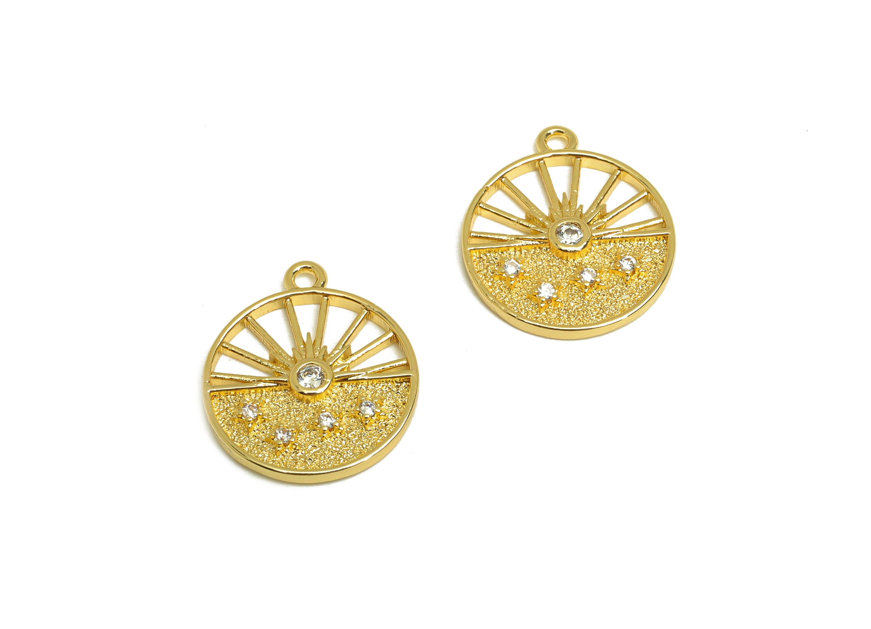 Brass Sunshine Earring Charm - Brass Cubic Zircon Earring Charm - Brass Star Textured Charm - 18K Real Gold Plating - 17x14x2mm - RGP6867 - DOMEDBAZAAR
