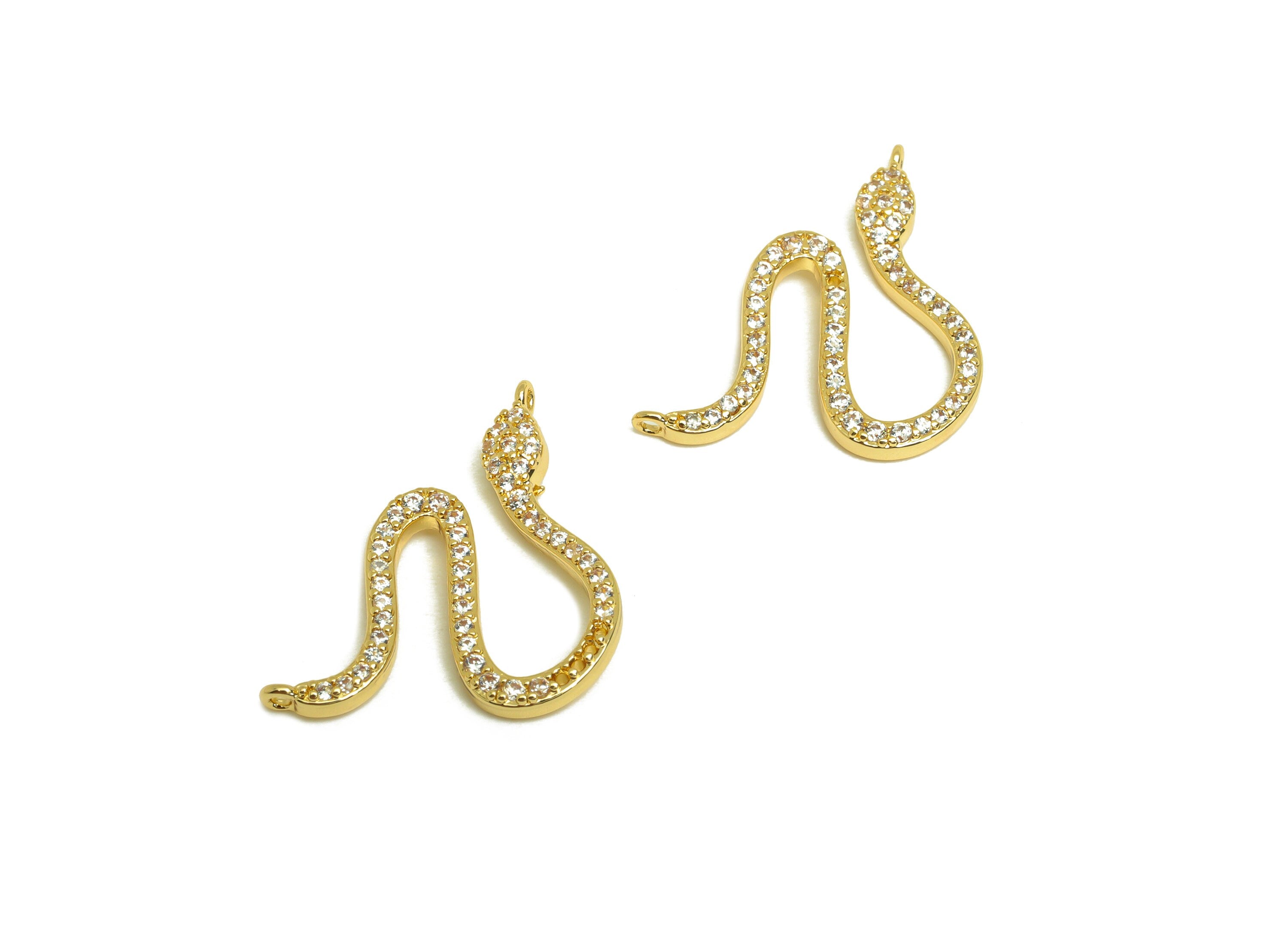 Brass Snake Earring Charm - Brass Cubic Zircon Earring Charm - Brass CZ Snake Charm - 18K Real Gold Plating - 18.56x17.54x1.69mm - RGP6863 - DOMEDBAZAAR