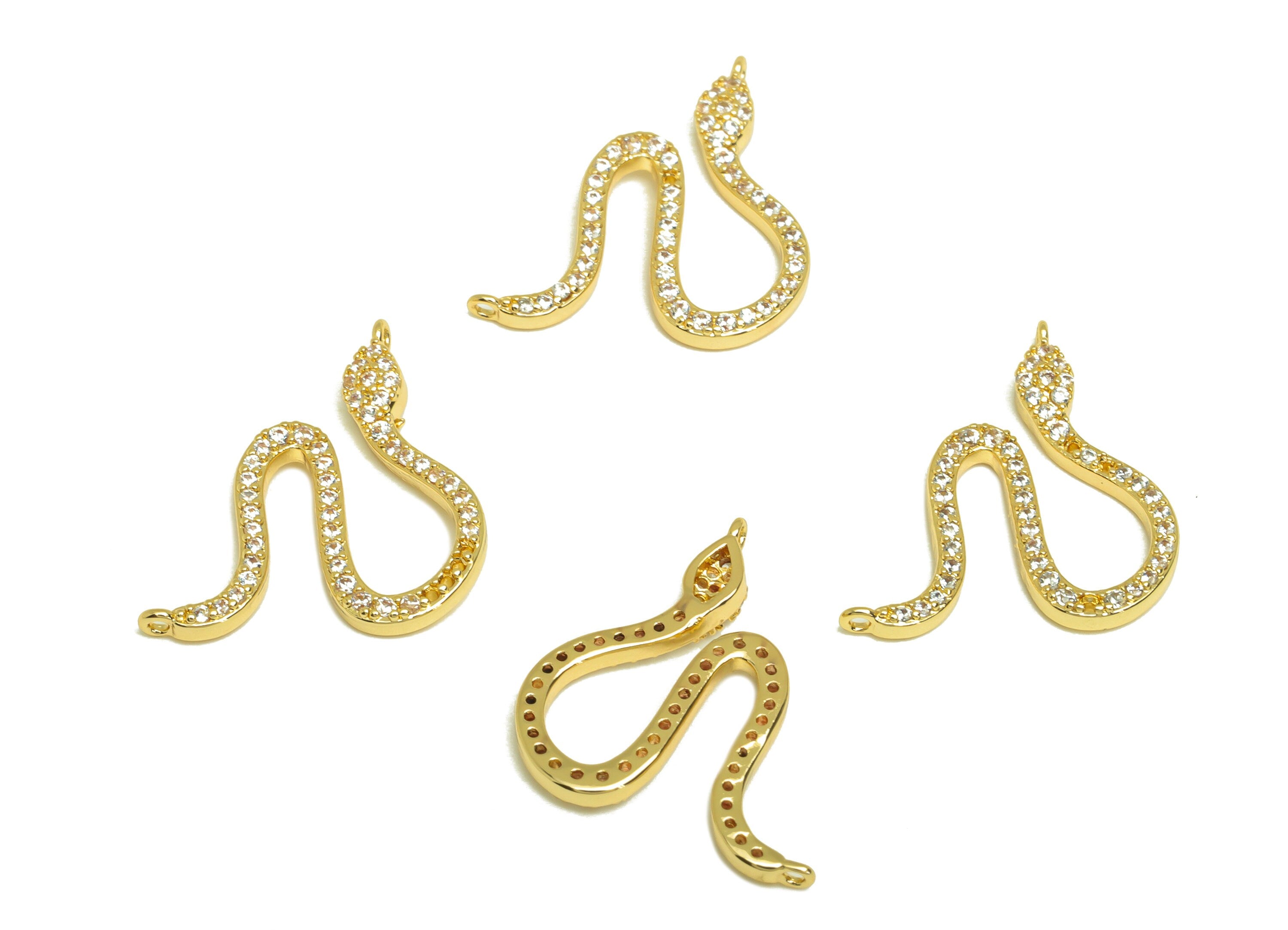 Brass Snake Earring Charm - Brass Cubic Zircon Earring Charm - Brass CZ Snake Charm - 18K Real Gold Plating - 18.56x17.54x1.69mm - RGP6863 - DOMEDBAZAAR