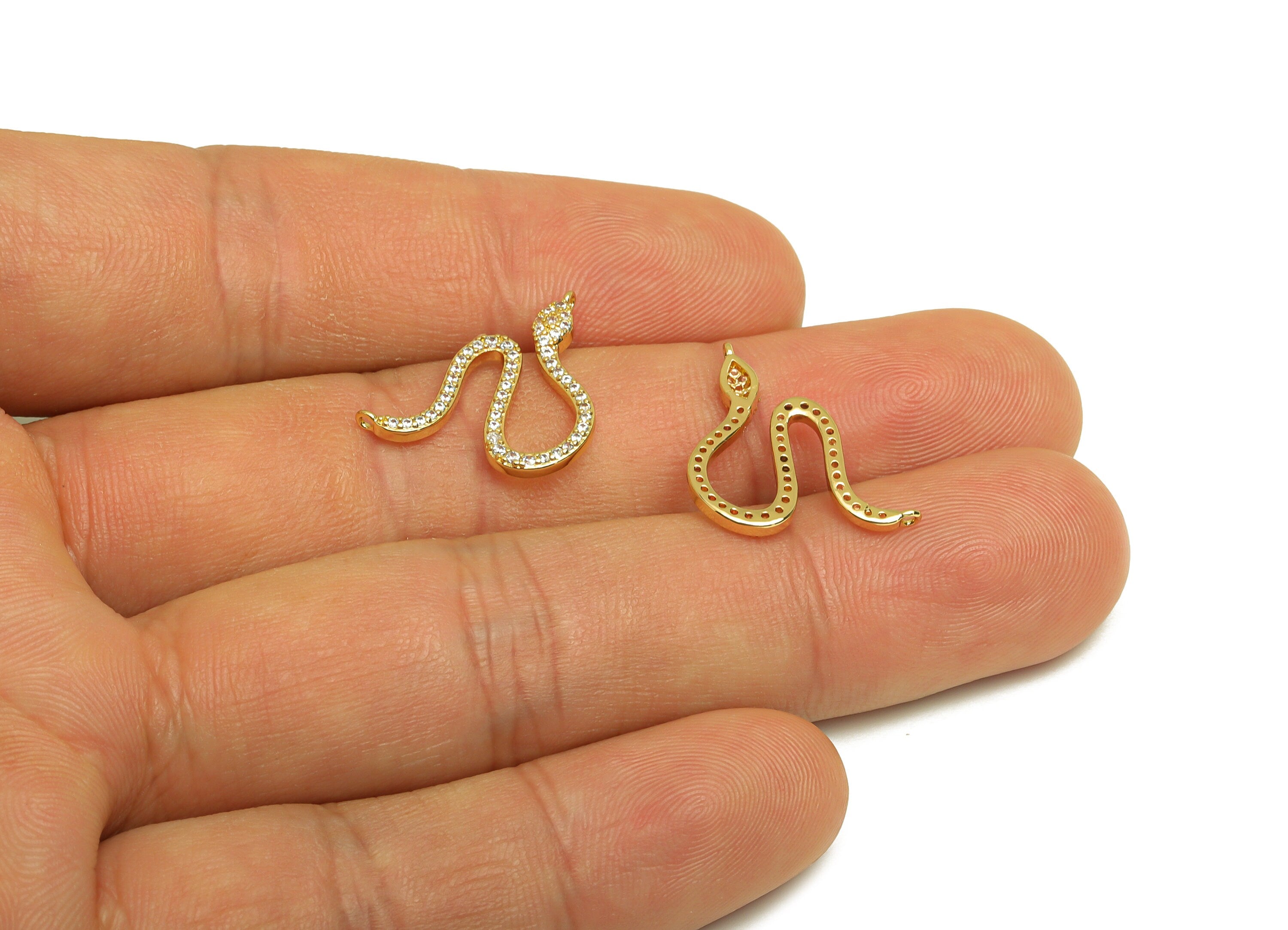 Brass Snake Earring Charm - Brass Cubic Zircon Earring Charm - Brass CZ Snake Charm - 18K Real Gold Plating - 18.56x17.54x1.69mm - RGP6863 - DOMEDBAZAAR