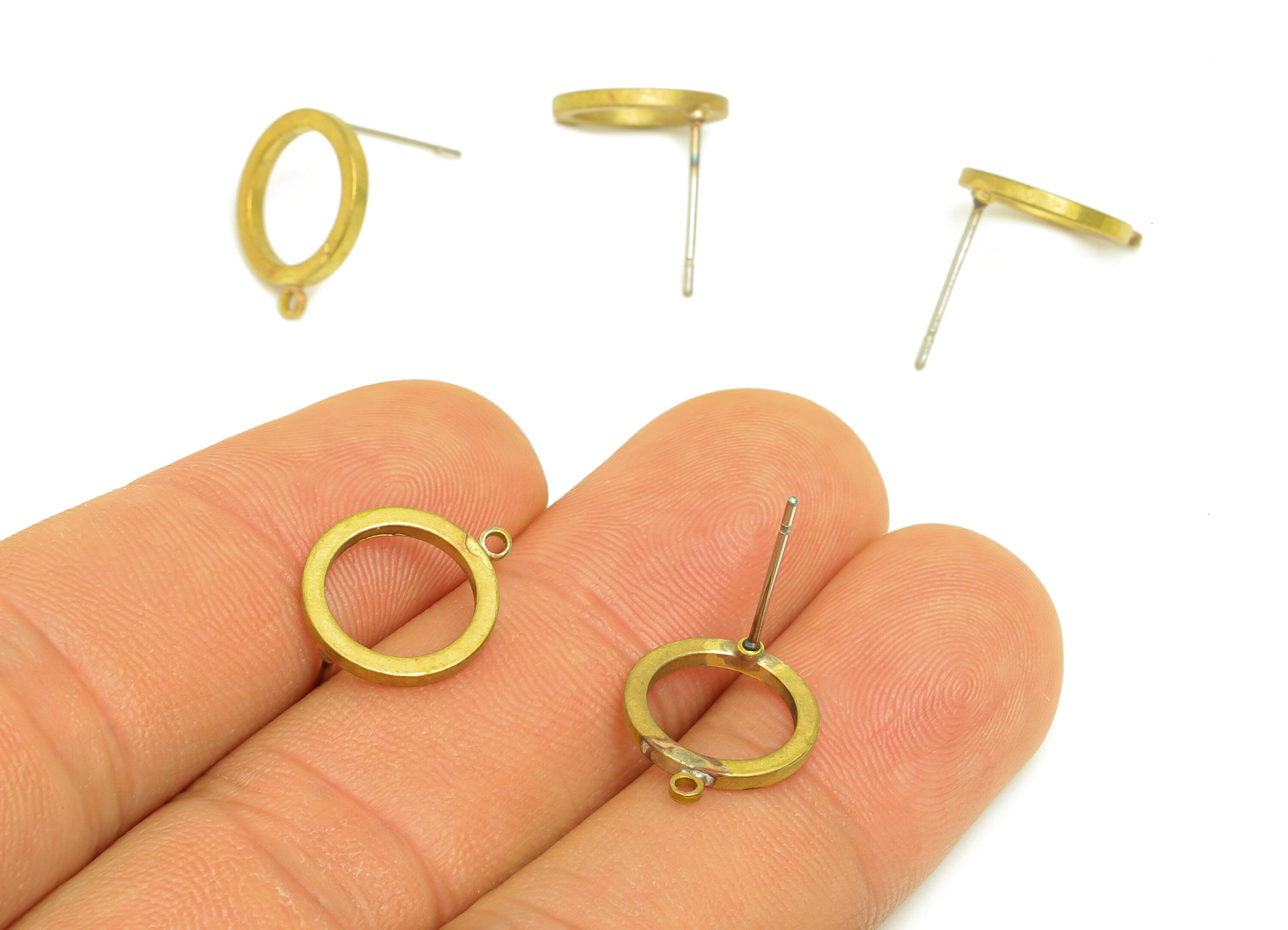 Brass Round Earring Stud - Raw Brass Circle Earring Post With Loop - Brass Geometry Earring Stud - Brass Ring Post - 14x11x1.44mm - PP10634 - DOMEDBAZAAR