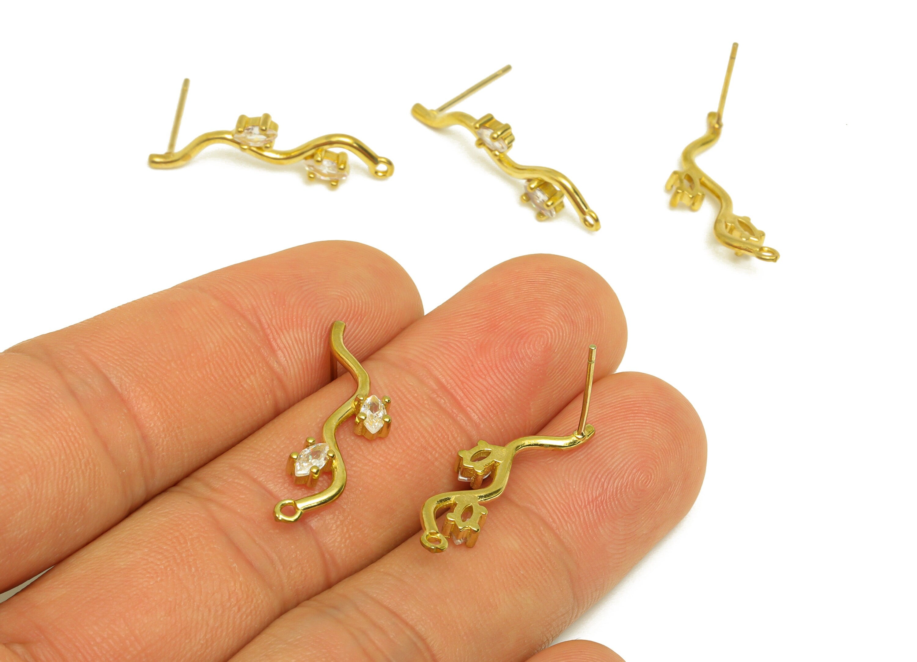 Brass CZ Wavy Wire Earring Stud - Raw Brass Marquise Earring Post With Loop - Cubic Zircon Earring Stud - Bent Wire Post - 26x8x3mm -PP10639 - DOMEDBAZAAR