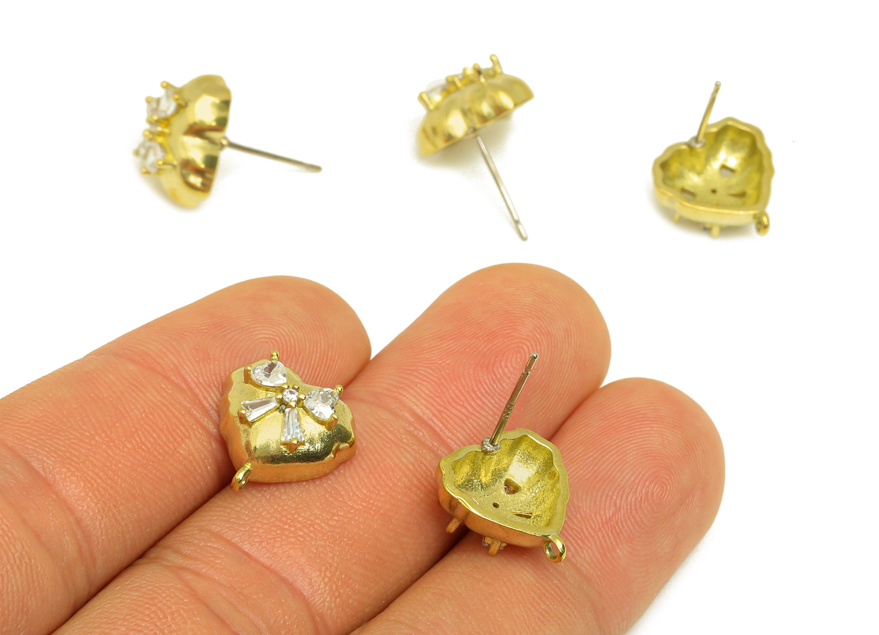 Brass CZ Heart Earring Stud - Raw Brass Cubic Heart Earring Post With Loop - Brass Butterfly Bow Zircon Earring Stud - 13.3x13x6mm - PP10643 - DOMEDBAZAAR