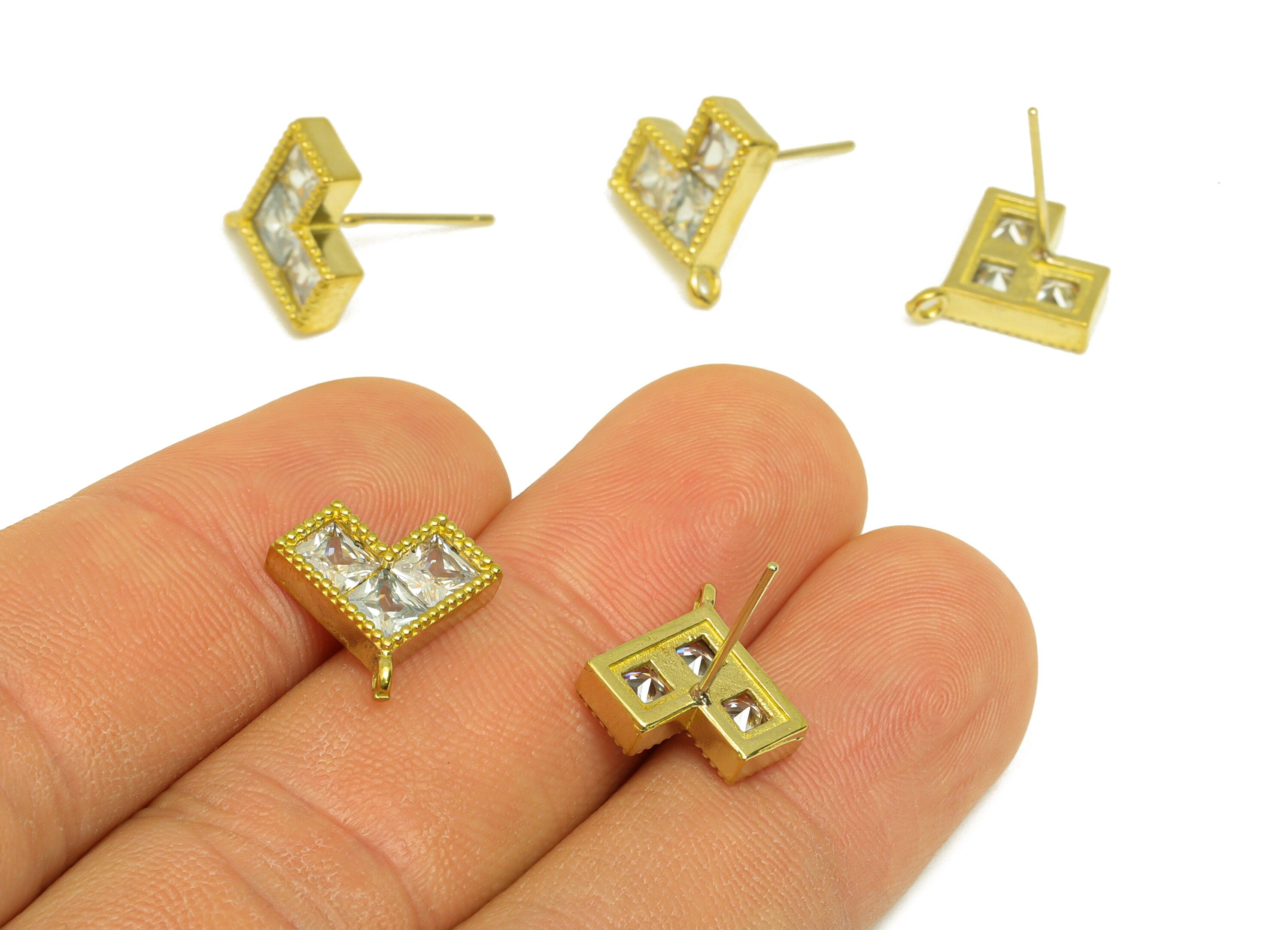 Brass CZ Heart Earring Stud - Raw Brass Square Earring Post With Loop - Brass Textured Heart Zircon Earring Stud - 12.9x13.75x3mm - PP10637 - DOMEDBAZAAR