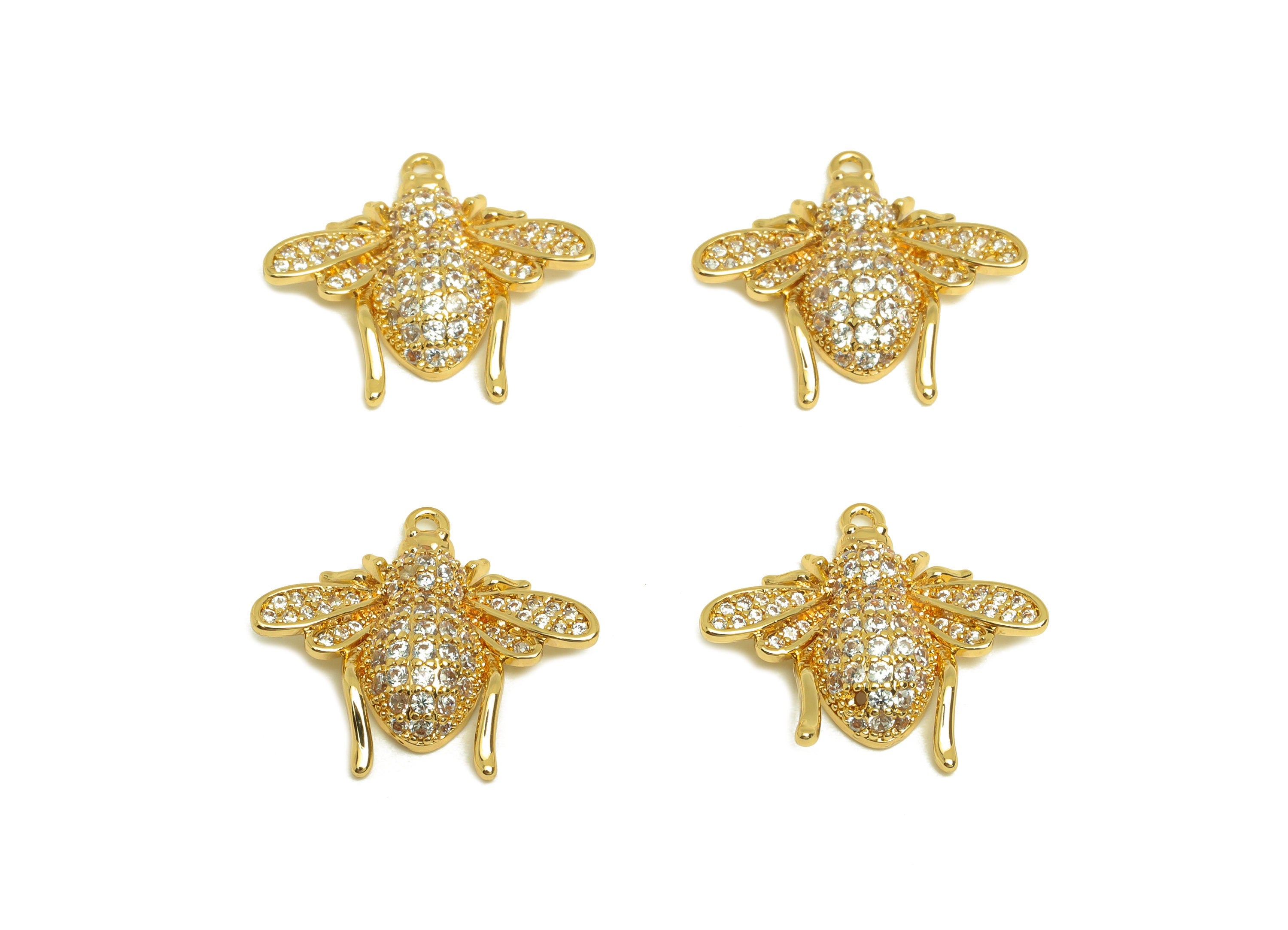 Brass Bee Earring Charm - Brass Cubic Zircon Earring Charm - Brass Inset Earring Charm - 18K Real Gold Plating - 17.1x18.8x4.13mm - RGP6885 - DOMEDBAZAAR