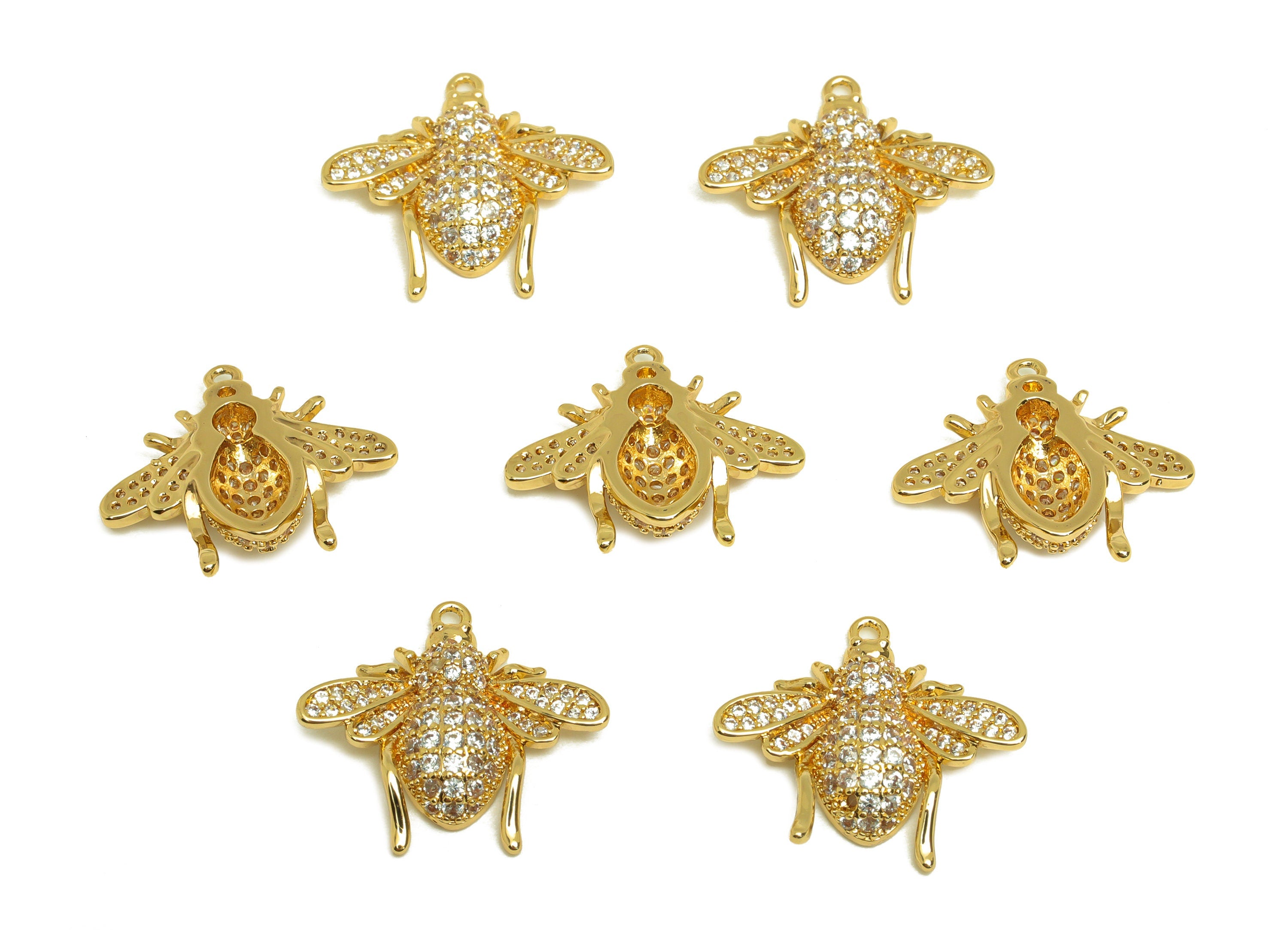 Brass Bee Earring Charm - Brass Cubic Zircon Earring Charm - Brass Inset Earring Charm - 18K Real Gold Plating - 17.1x18.8x4.13mm - RGP6885 - DOMEDBAZAAR