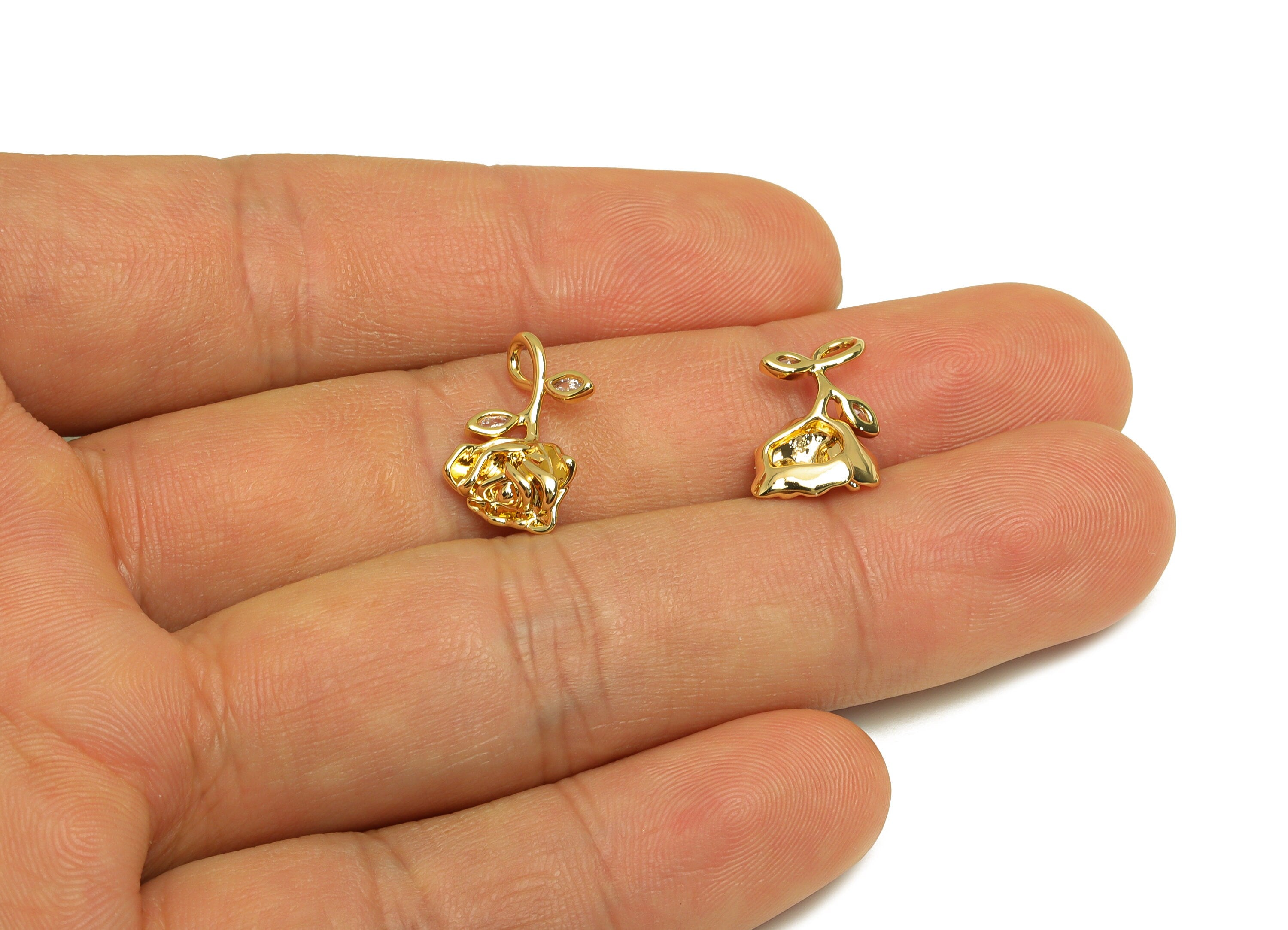 Brass Rose Earring Charm - Brass Cubic Zircon Earring Charm - Brass Flower Earring Charm - 18K Real Gold Plating - 17.23x9.85x3mm - RGP6843 - DOMEDBAZAAR