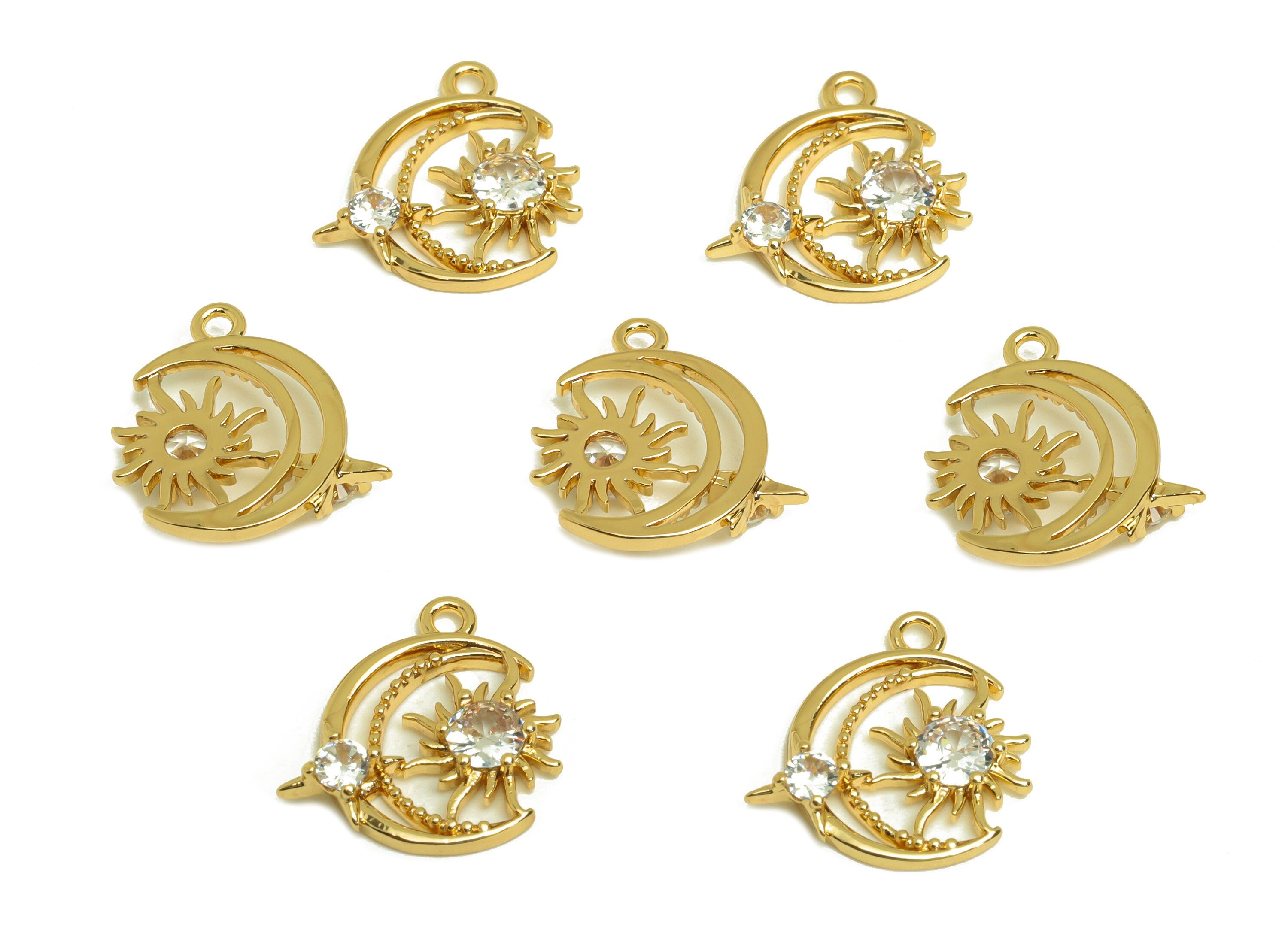 Brass Crescent Earring Charm - Brass Cubic Zircon Earring Charm - Brass Sunshine Earring Charm - 18K Real Gold Plating - 15x15x2mm - RGP6859 - DOMEDBAZAAR