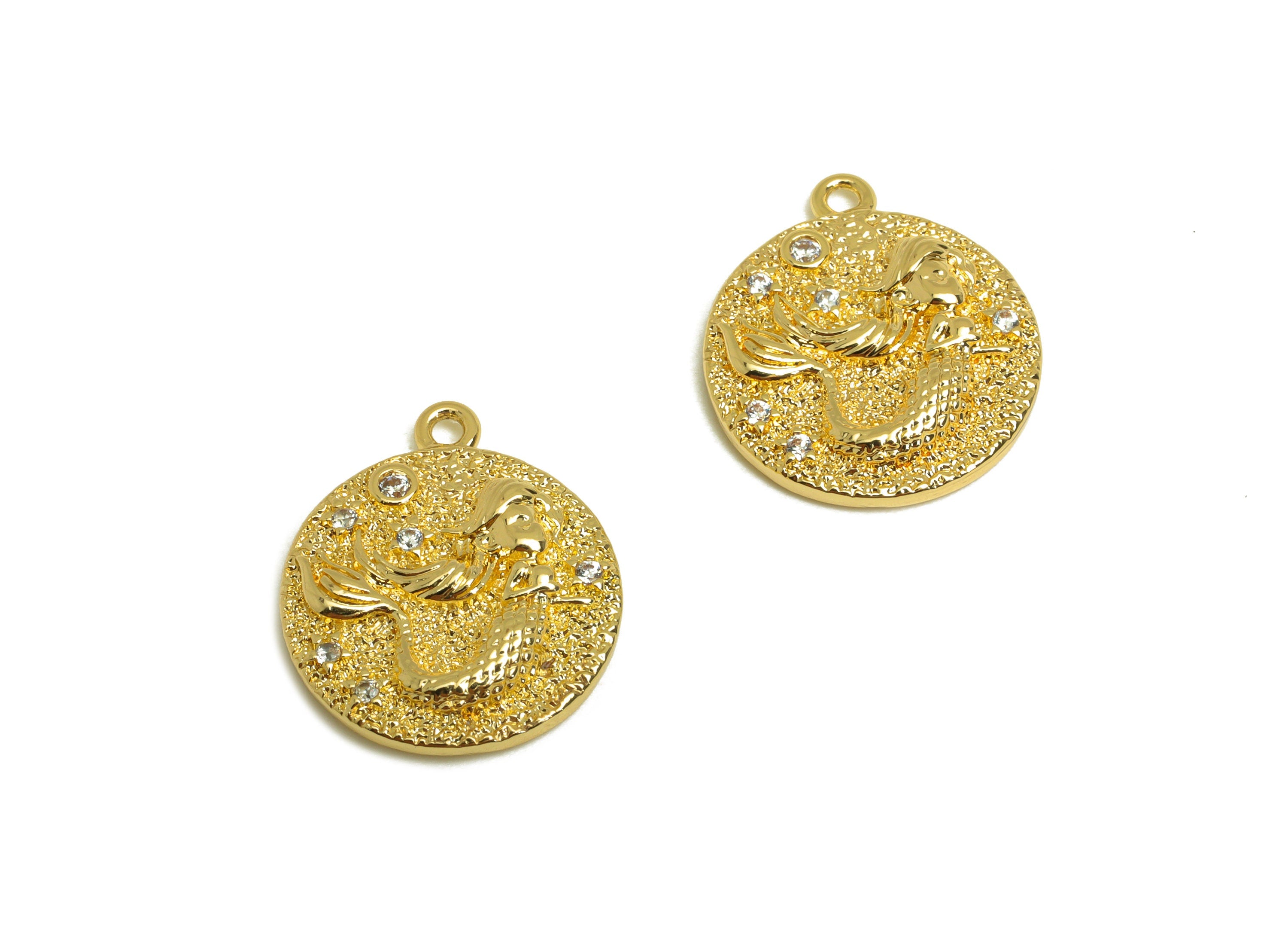 Brass Mermaid Earring Charm - Brass Cubic Zircon Earring Charm - Ocean Princess Earring Charm - 18K Real Gold Plating - 17x14x2mm - RGP6871 - DOMEDBAZAAR