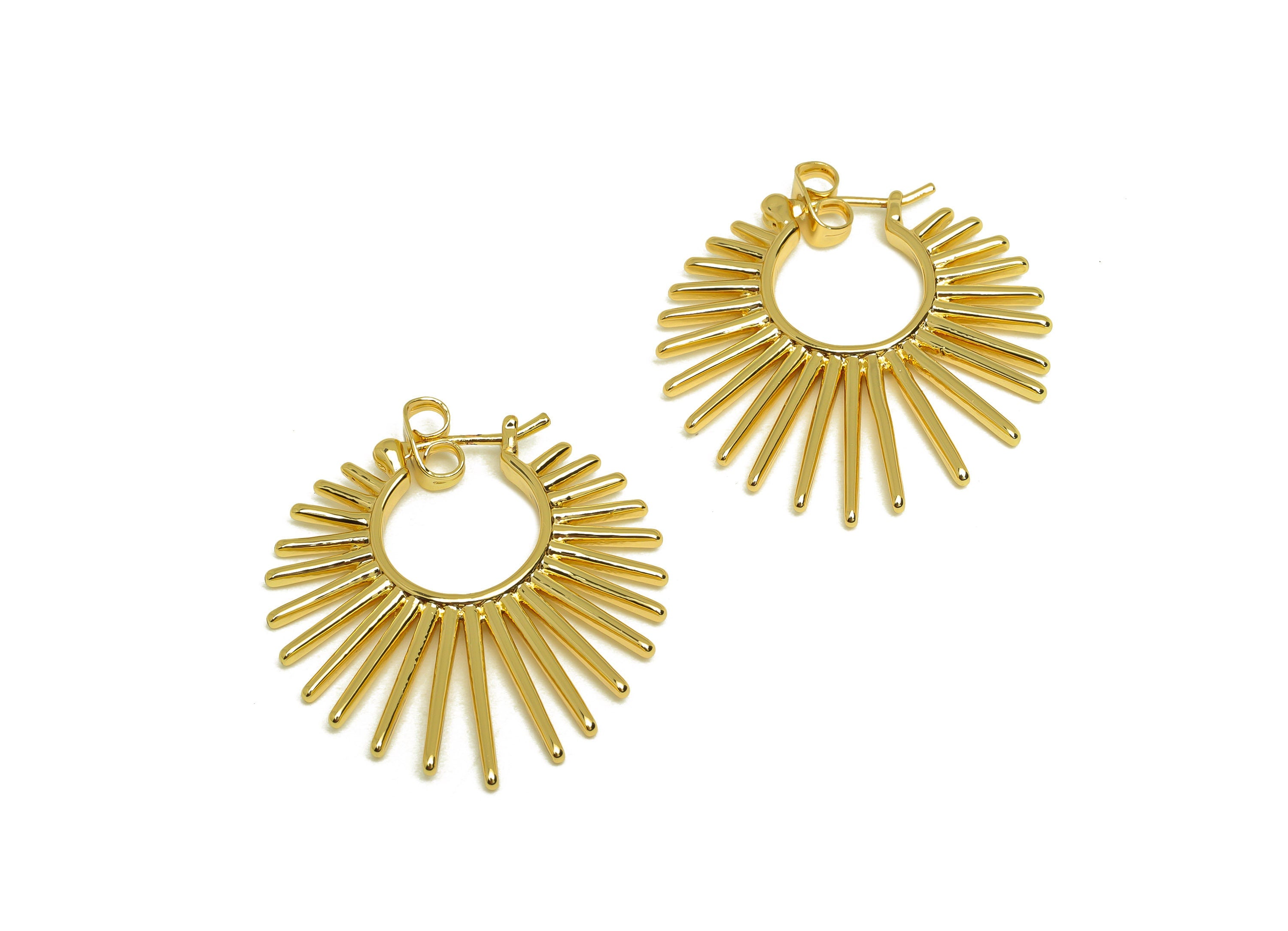 Brass Sun Hoop Earring - Brass Sunshine Hinged Lock Earring - Brass Stick Hoop Earring - 18K Real Gold Plating - 43x14x1.93mm- RGP6807 - DOMEDBAZAAR