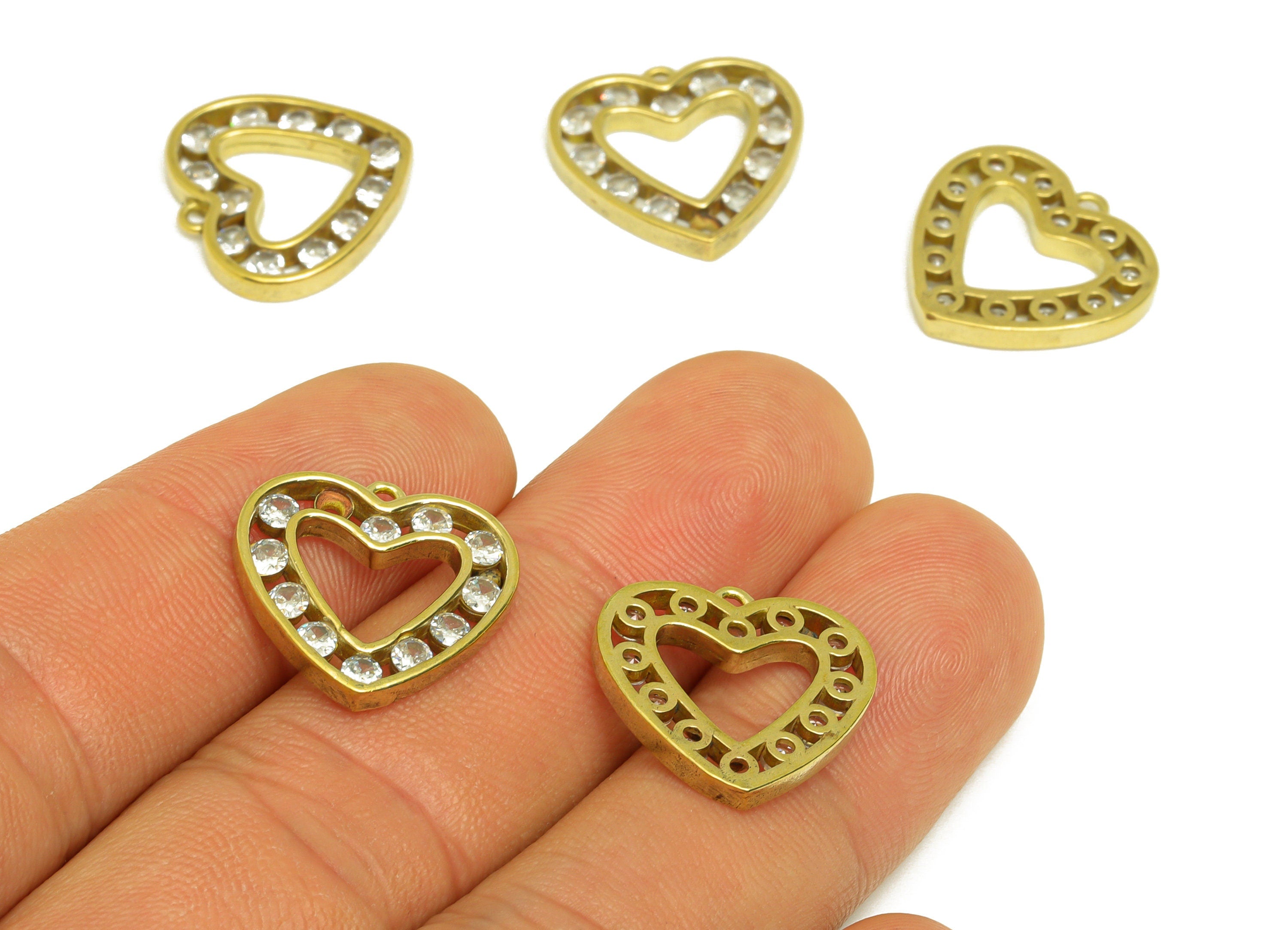 Brass CZ Heart Earring Charm - Raw Brass Cubic Zircon Heart Earring Charms - Brass Heart Pendant - For Pendant - 17.67x17x2mm - PP10658 - DOMEDBAZAAR