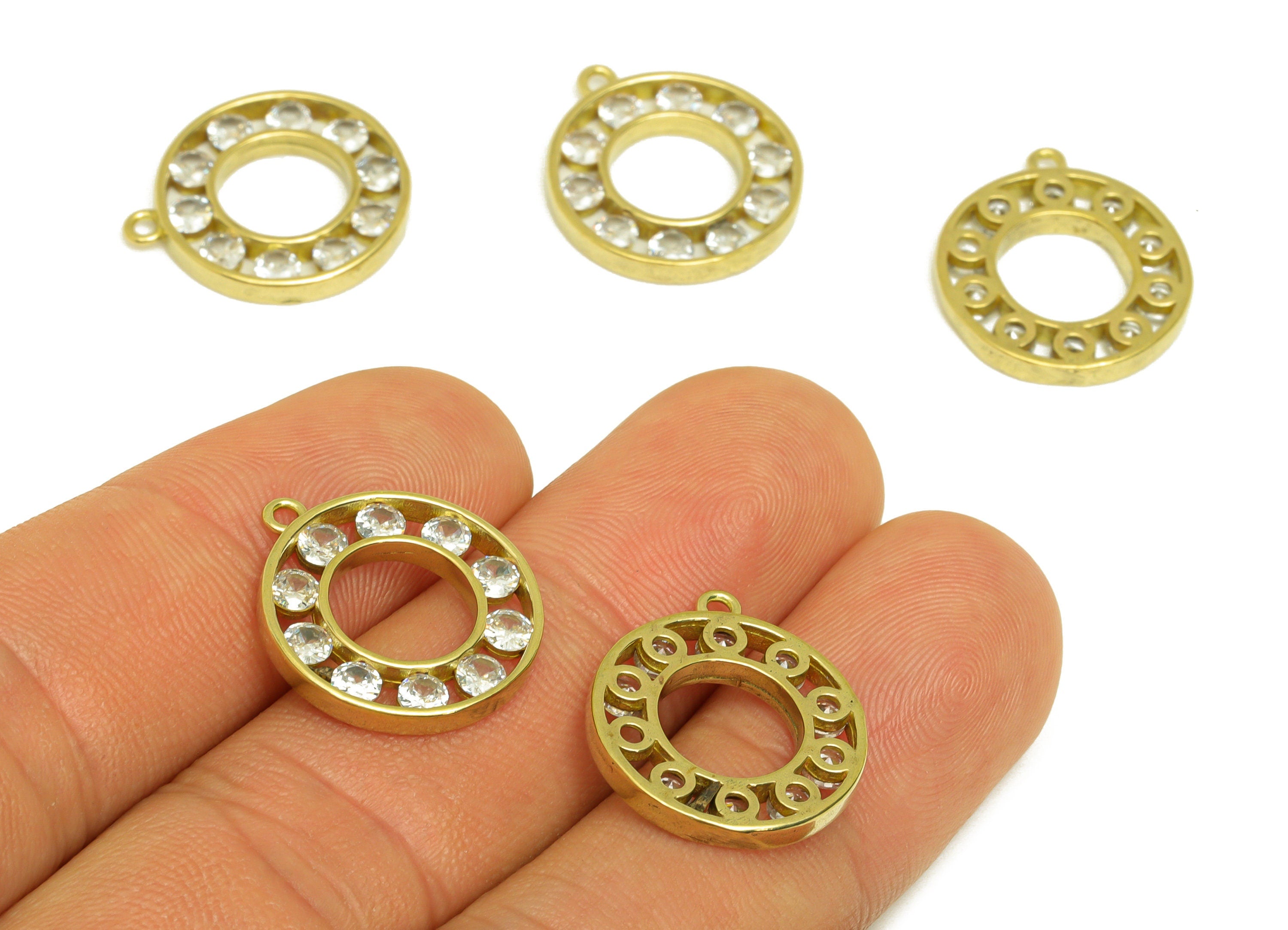 Brass CZ Round Earring Charm - Raw Brass Cubic Zircon Circle Earring Charms - Brass Geometry Pendant - For Pendant - 19.38x17x2mm - PP10661 - DOMEDBAZAAR