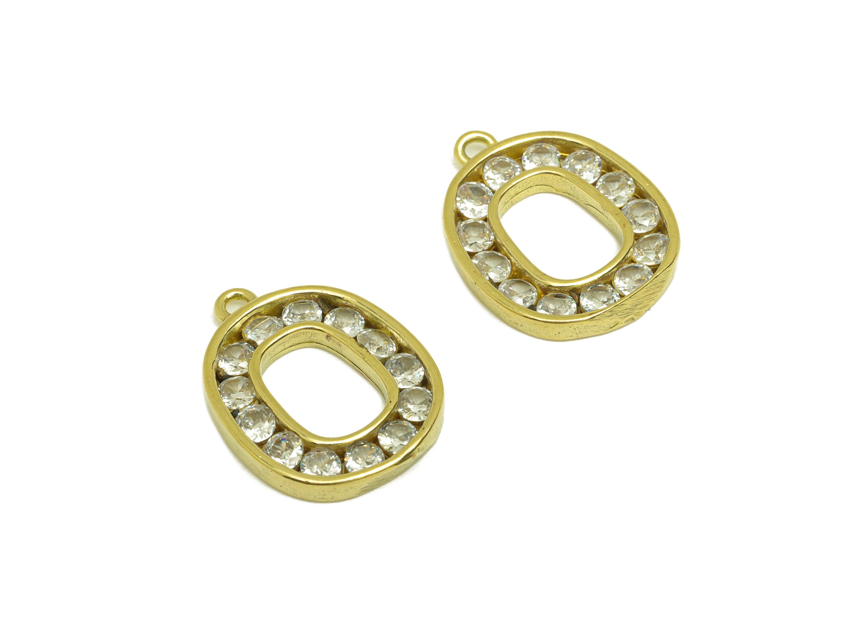 Brass CZ Oval Earring Charm - Raw Brass Cubic Zircon Oval Earring Charms - Brass Geometry Pendant - For Pendant - 17.67x13.5x2mm - PP10662 - DOMEDBAZAAR
