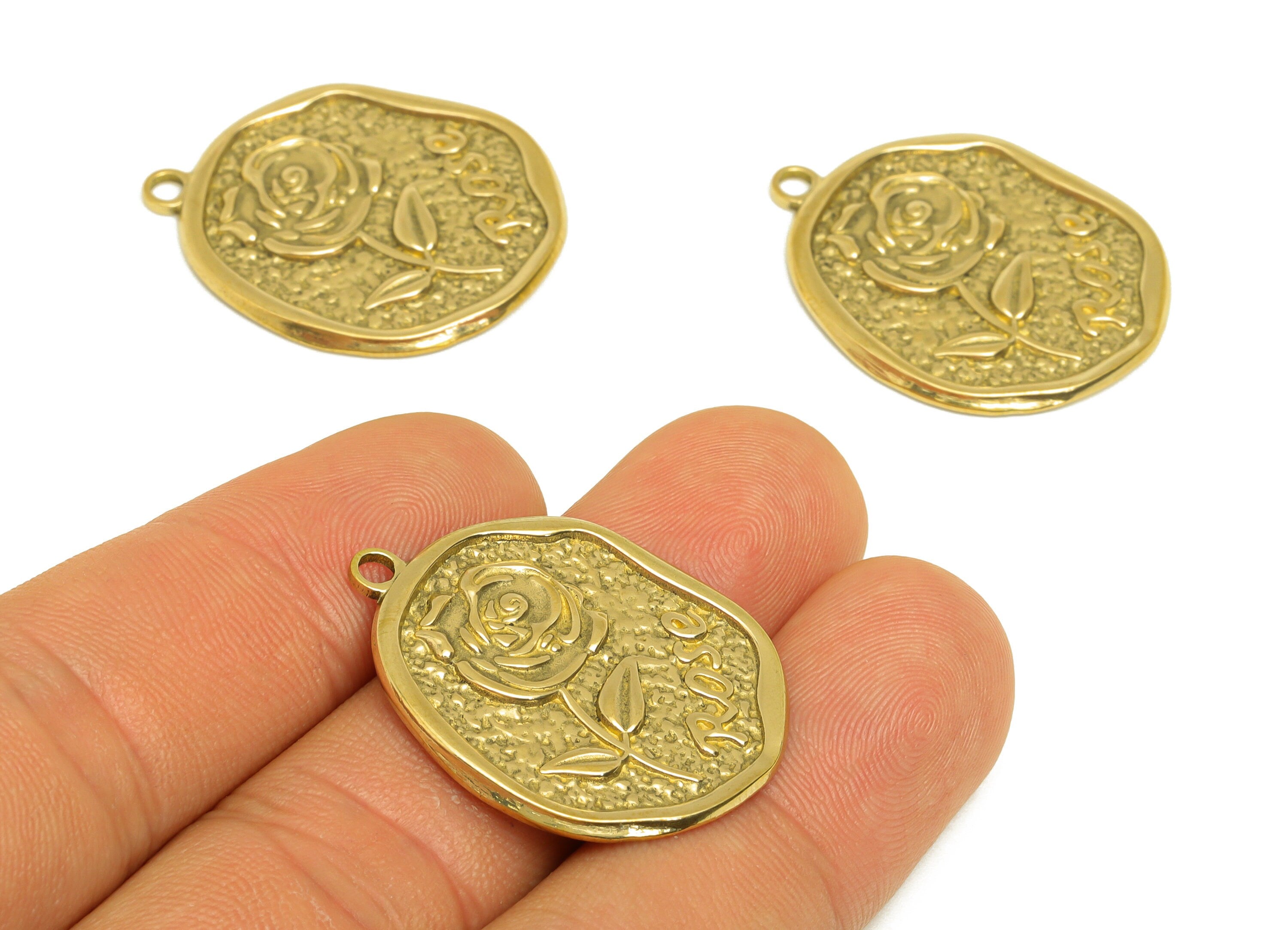 Brass Rose Earring Charm - Raw Brass Vintage Looking Rose Earring Charms - Brass Textured Flower Pendant - 30.3x24.6x1.7mm- PP10686 - DOMEDBAZAAR