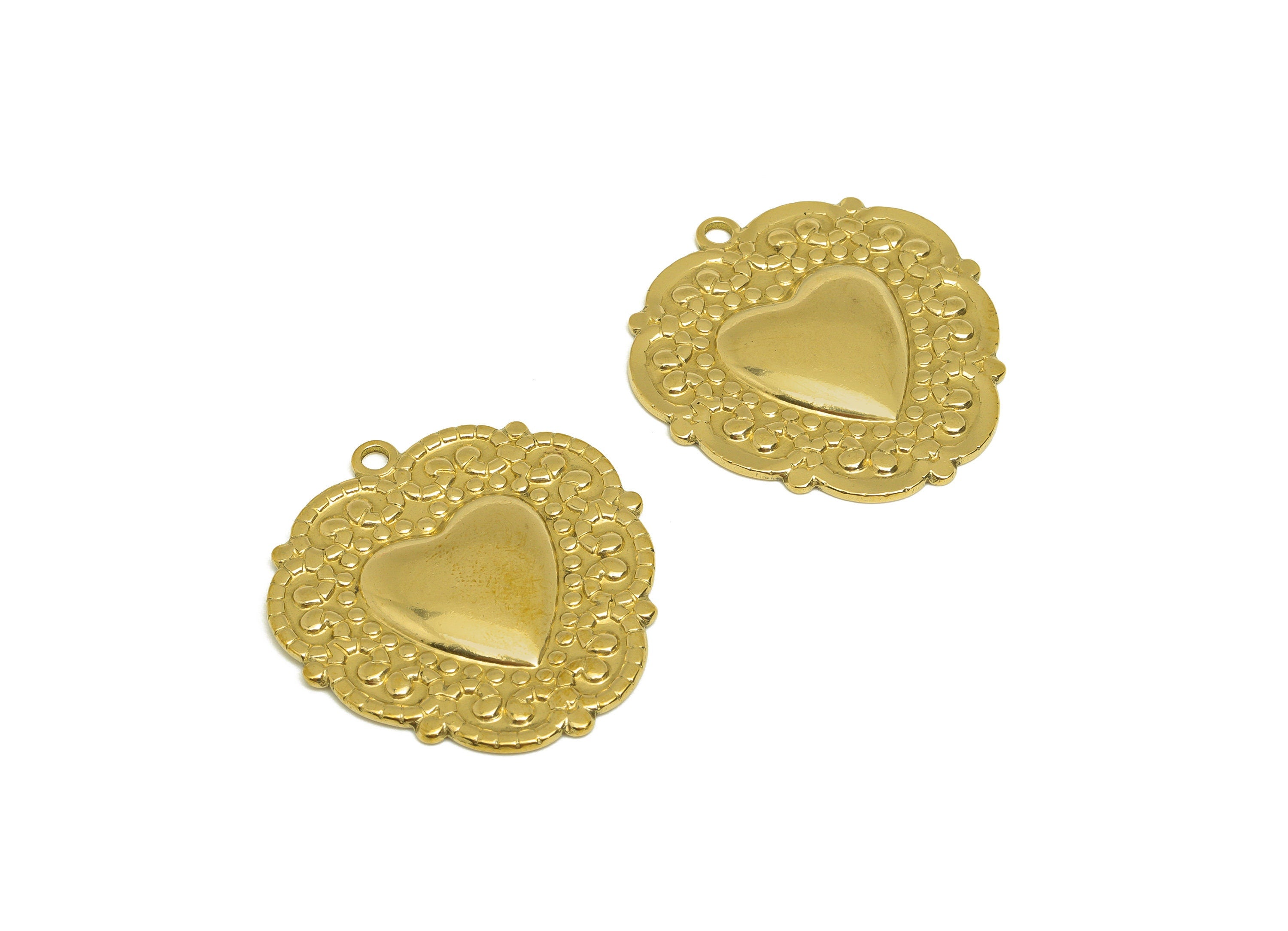 Brass Heart Earring Charm - Raw Brass Vintage Looking Heart Earring Charms - Brass Textured Lace Heart Pendant - 33.5x31.6x2.7mm - PP10679 - DOMEDBAZAAR