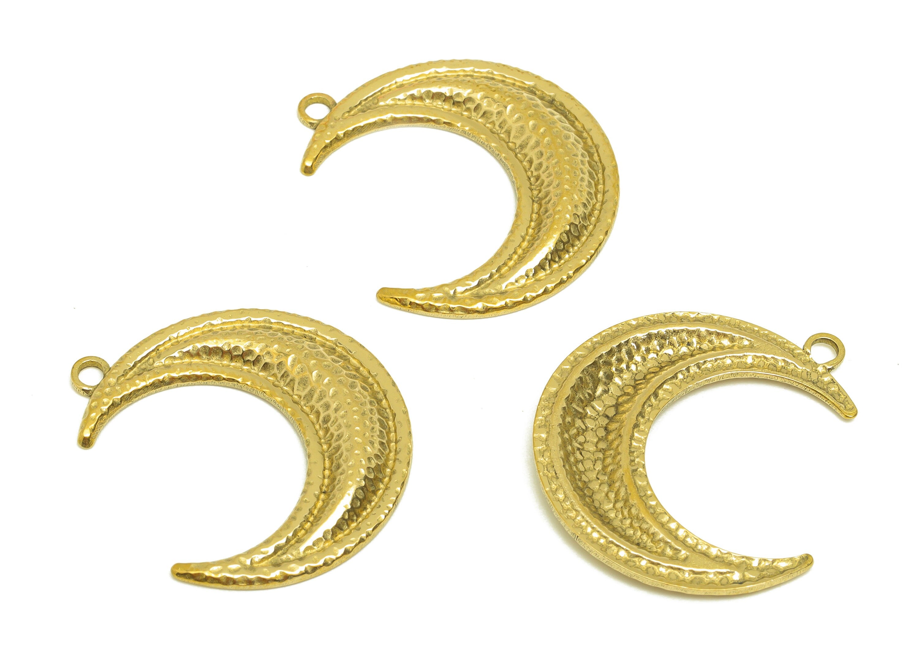 Brass Crescent Earring Charm - Raw Brass Vintage Looking Earring Charms - Brass Textured Moon Pendant - For Pendant - 29x24x2.7mm - PP10684 - DOMEDBAZAAR